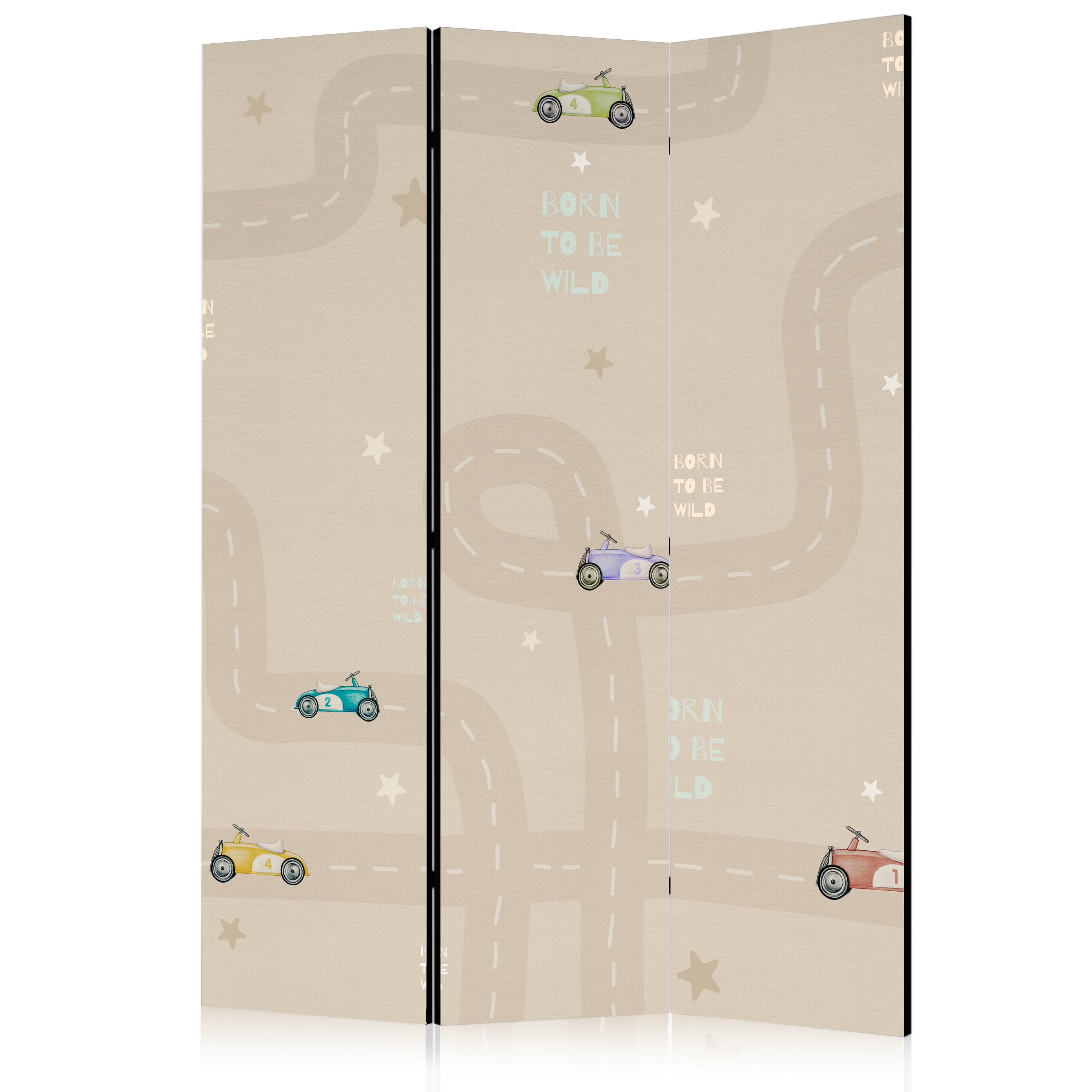 PARAVENT Beidseitig Bedruckter 3-tlg 135x172 cm Retro-Autos f r Kinder - Beige, Holz/Textil (135/172/3cm) - Muralo