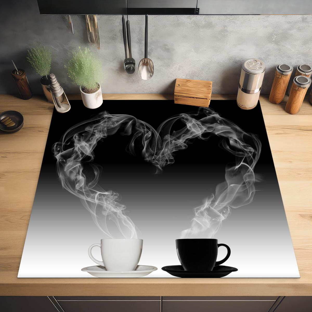 HERDABDECKPLATTE Kaffee - Herz - Schwarz und weiß - Tassen Induktionsmatte 78x78 cm - Weiß, Kunststoff (78/78/0.2cm) - MuchoWow