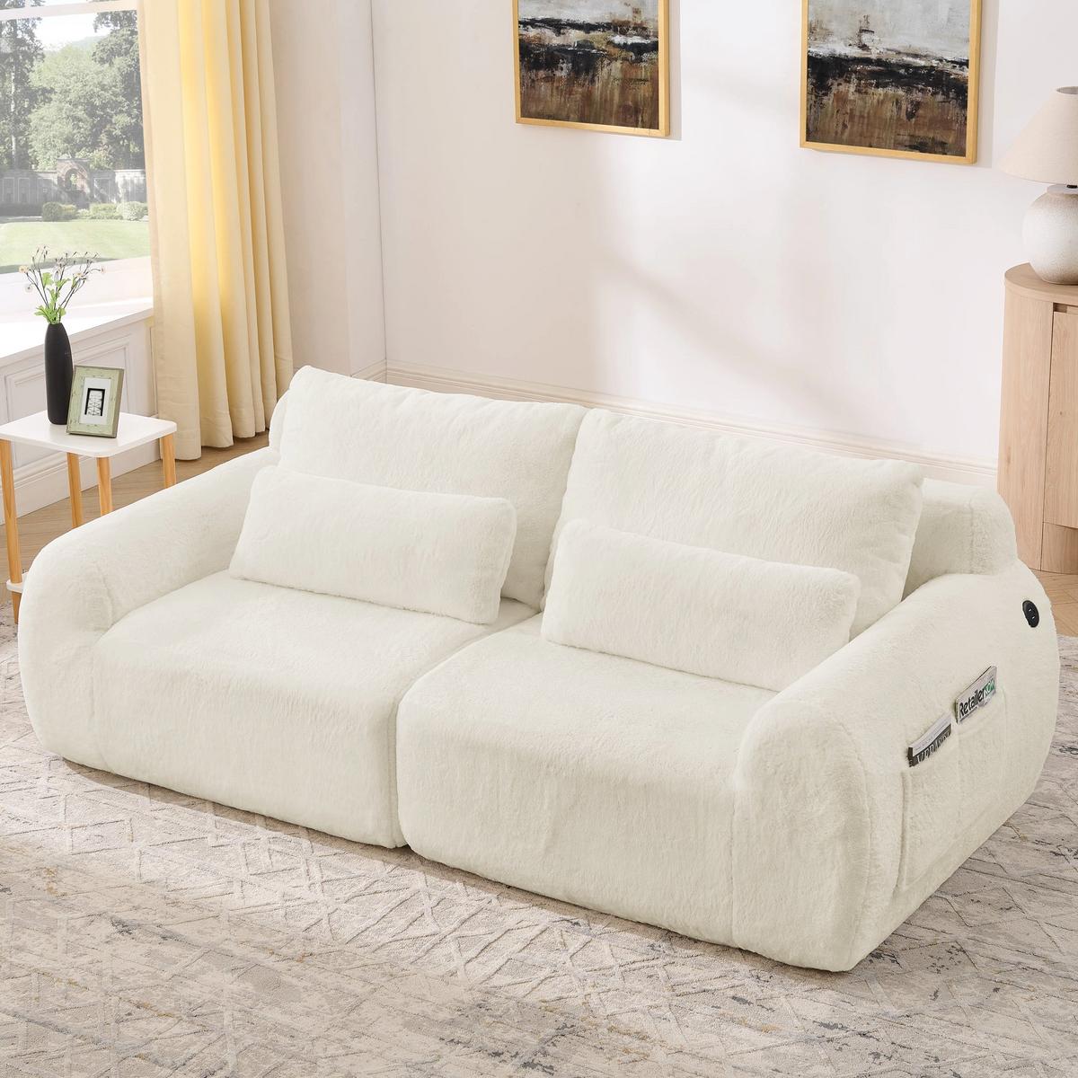 2-SITZER SOFA in Beige aus Kunstfell mit USB-Anschluss & Seitentasche - Beige, Textil (101/81/208cm) - Urban Meuble