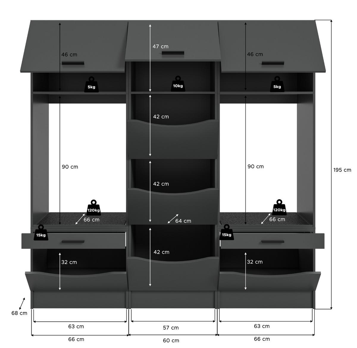 WASCHMASCHINENSCHRANK grau Set 3-teilig 192 cm, Umbau für Waschmaschine und Trockner - Schwarz/Grau, Holzwerkstoff/Kunststoff (192/196/68cm) - Inn.Furn