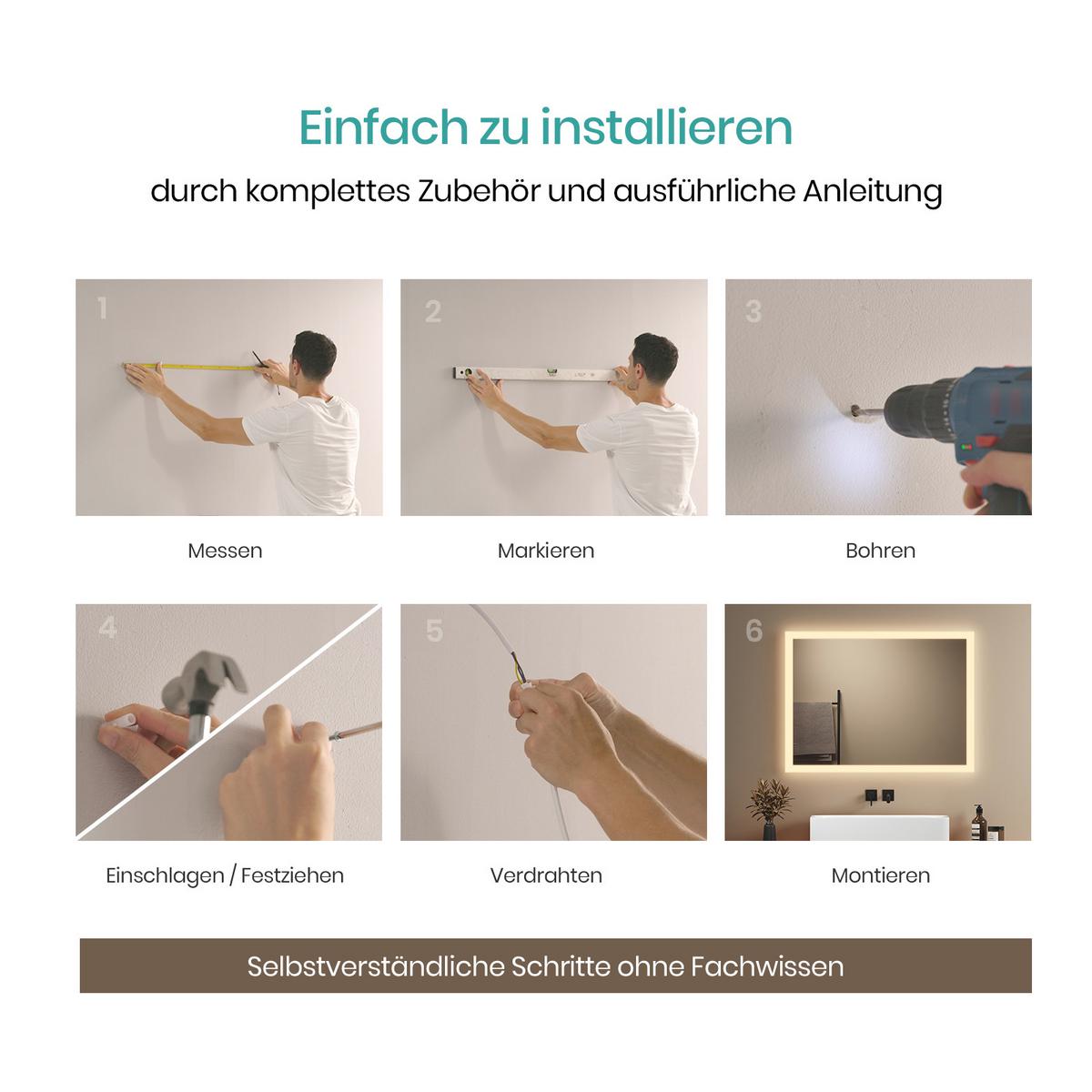 BADSPIEGEL mit Explosionsgeschützte Folie Beleuchtung 80/60 cm - Transparent, Glas (80/60/3.5cm) - EMKE