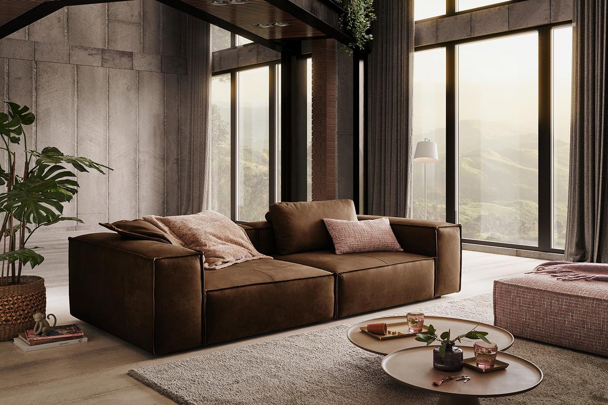 SOFA CARMO Braun Leder - Schwarz/Braun, Leder/Kunststoff (266/68/118cm) - KAWOLA