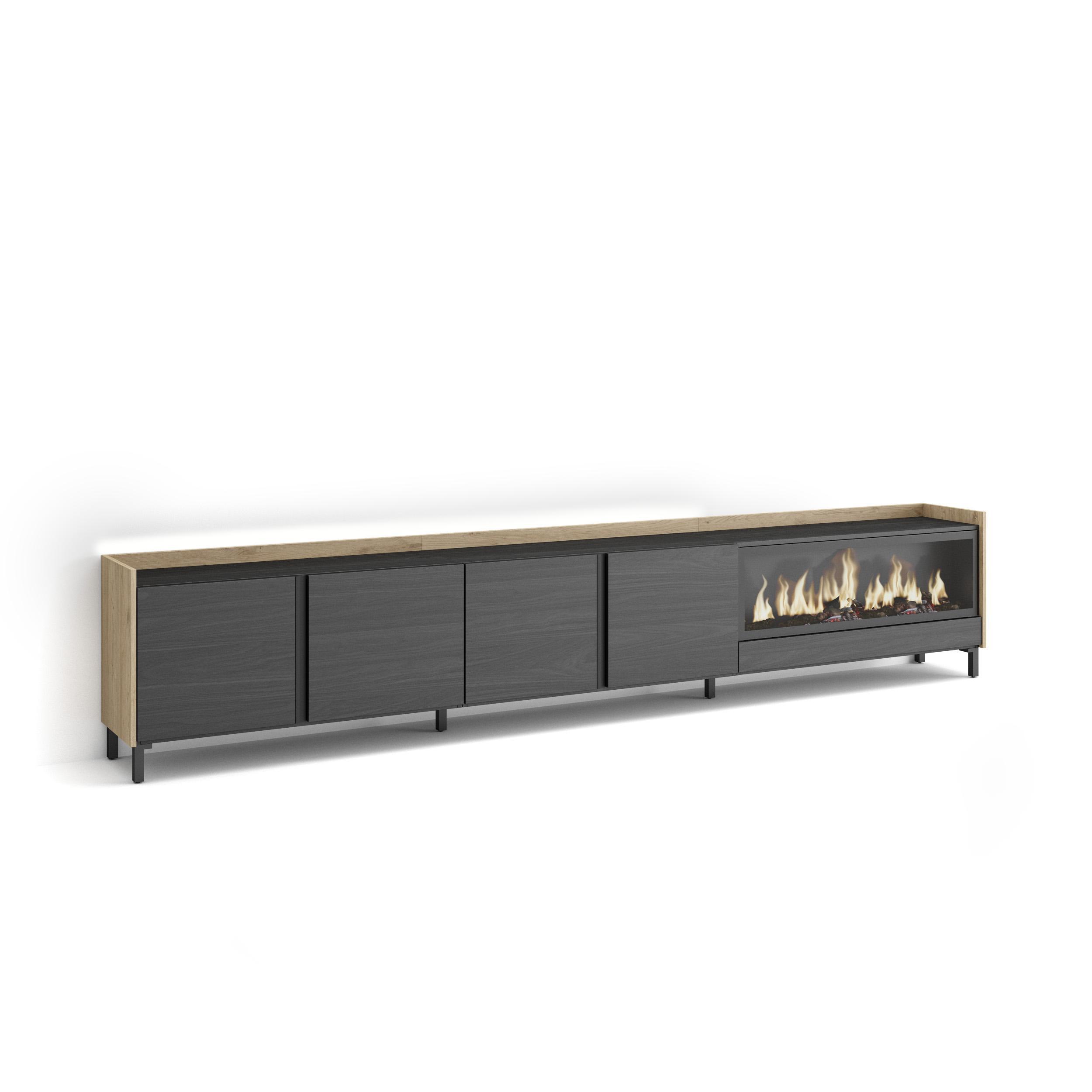 LOWBOARD, Schwarz und Eiche, 315/35/61cm, Kamin mit Feuereffekt XXL - Schwarz, Holzwerkstoff (315/61/35cm) - Skraut Home