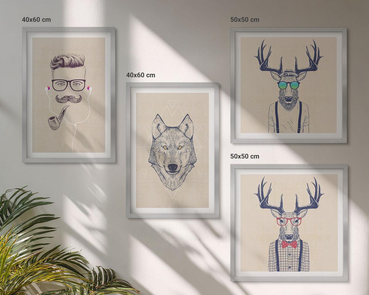 BILDER SET 4er Set - 50x50 cm & 40x60 cm Silberner Rahmen - Stilvolle Tierporträts - Silberfarben, Kunststoff (50/50cm) - TULUP