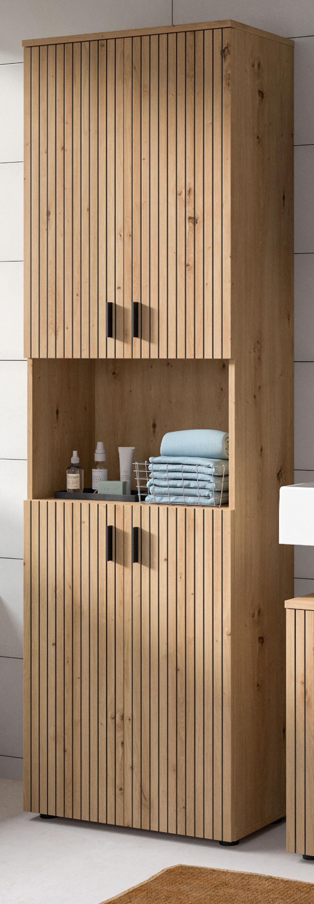 HOCHSCHRANK Eiche Artisan 60 x 192 cm, Badezimmer Schrank mit 8 Fächern - Schwarz/Eiche Artisan, Holzwerkstoff/Kunststoff (60/192/30cm) - Inn.Furn