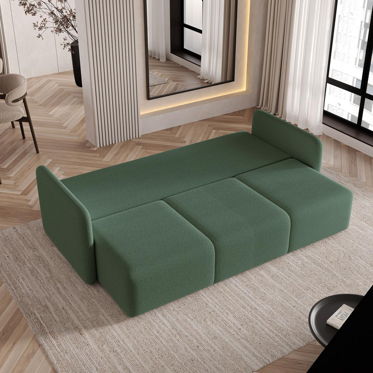 BETTSOFA SUVI III Q Grün Bucle-Stoff mit Schlaffunktion - Grün, Textil (220/85/90cm) - MASSENO