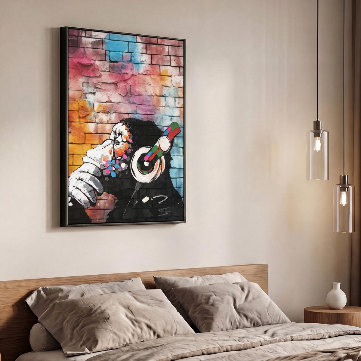 LEINWAND Bilder mit Rahmen - Affe - Graffiti - Musik - 70x100 - Multicolor, Textil (70/100cm) - MuchoWow