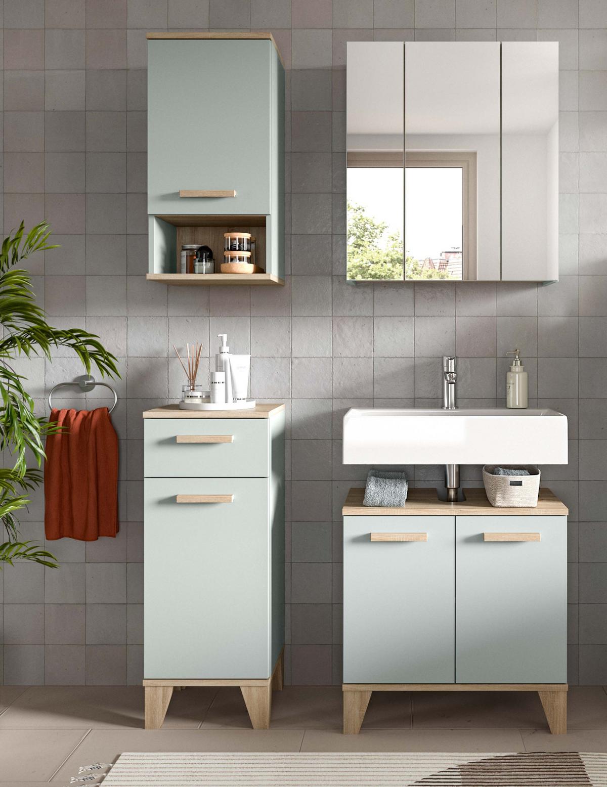BADMÖBEL-SET 4-teilig grün, Eiche 109 x 190 cm, Badkombination skandinavisches Design - Eichefarben/Grün, Glas/Holzwerkstoff (109/190/34cm) - Inn.Furn