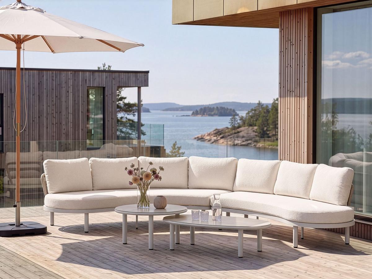 GARTENSOFA 6-Sitzer mit Tischen Metall Hellbeige Oriolo - Beige, Metall (352/84/120cm) - Beliani