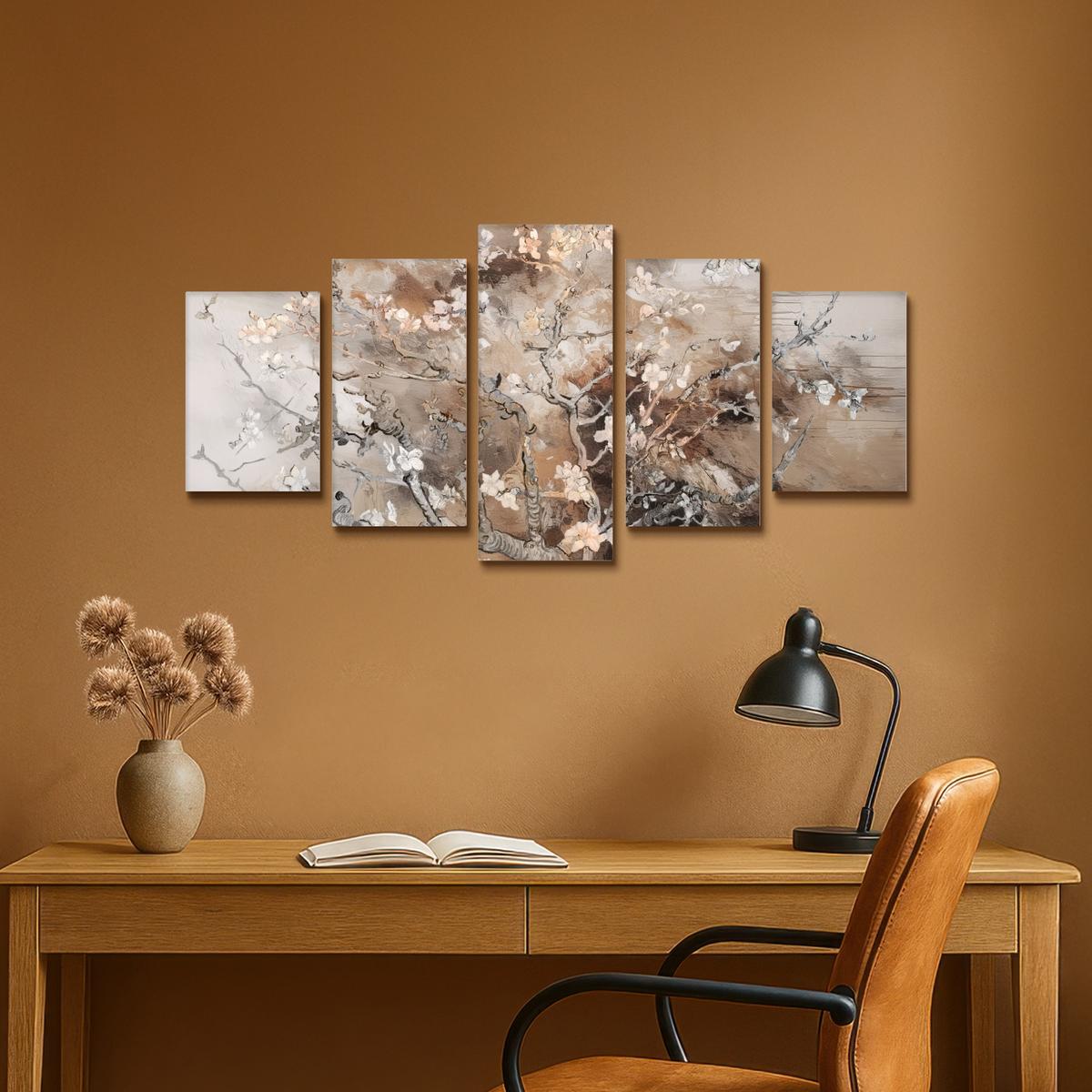 LEINWANDBILD 5er Set Mandelblüte - Abstrakt - Beige 100x50 cm - Beige, Textil (100/50cm) - MuchoWow