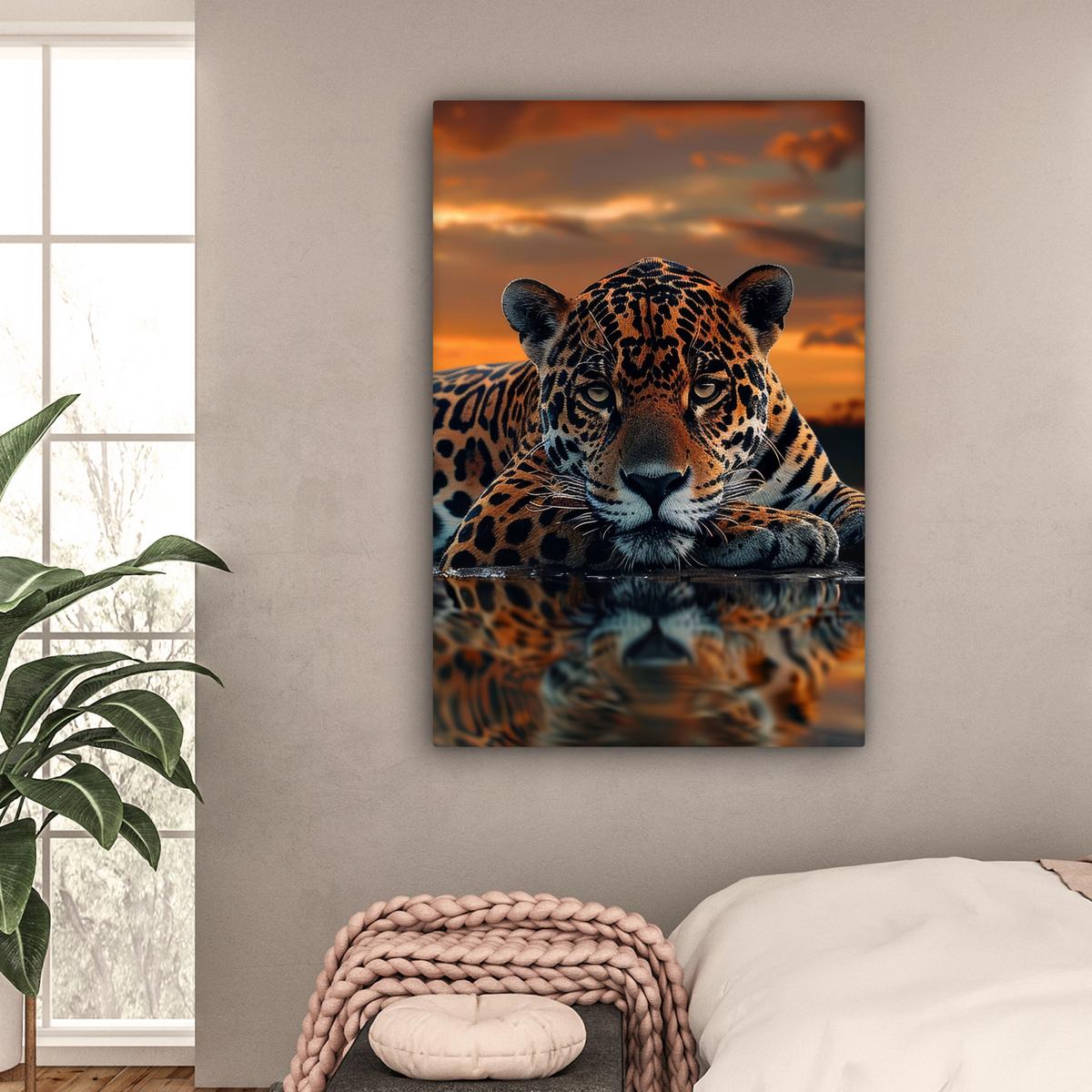 LEINWANDBILD Natur - Leopard - Tier - Sonnenuntergang - Modern Deko XXL 80x120 cm - Orange, Textil (80/120cm) - MuchoWow