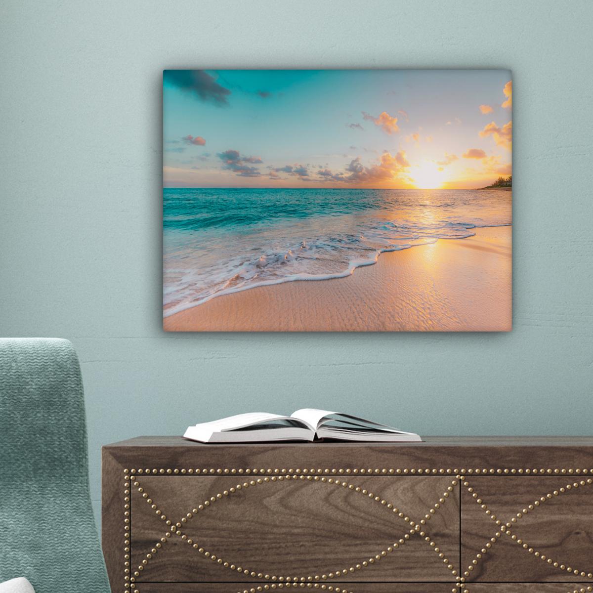 LEINWANDBILD Sonnenuntergang - Strand - Meer - Sommer - Blau Wandbild 40x30 cm - Multicolor, Textil (40/30cm) - MuchoWow