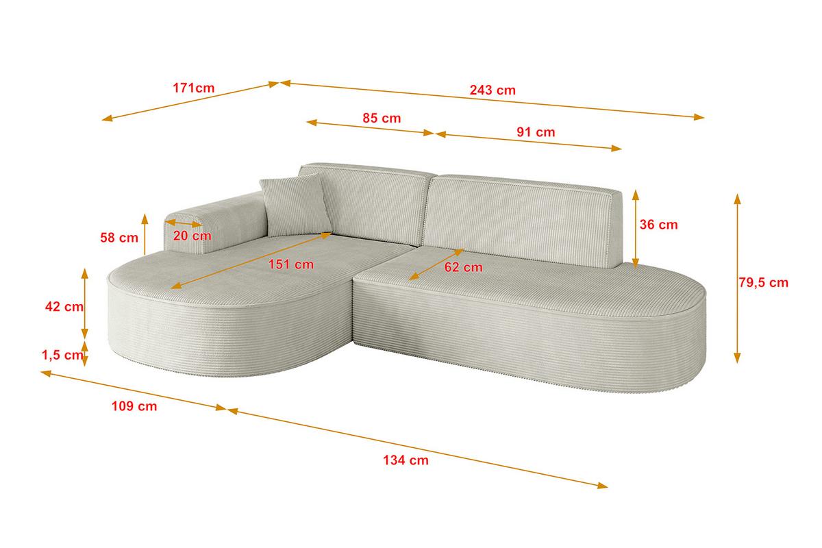ECKSOFA Ottomane Links MARI-L1 - 243x171x79 cm Creme Cord - Hellgrau/Creme, Holzwerkstoff/Kunststoff (163/234cm) - ALTDECOR
