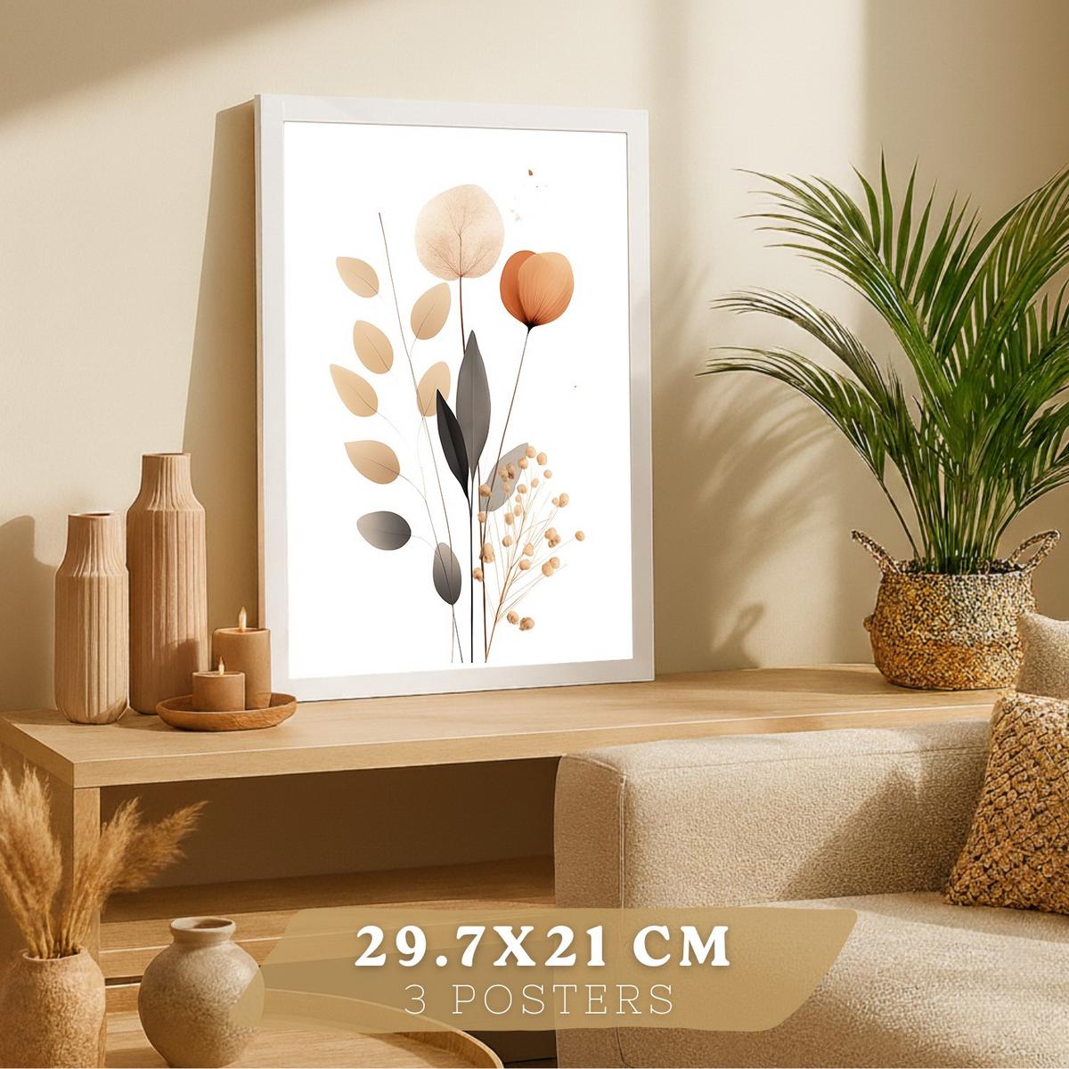 POSTER 3er-Set Wandbilder Orange Blumen modern Wohnzimmer Deko, Schlafzimmer, Küche, Badezimmer Weißer Rahmen A3 - Weiß, Papier (29.7/1/42cm) - Nacnic