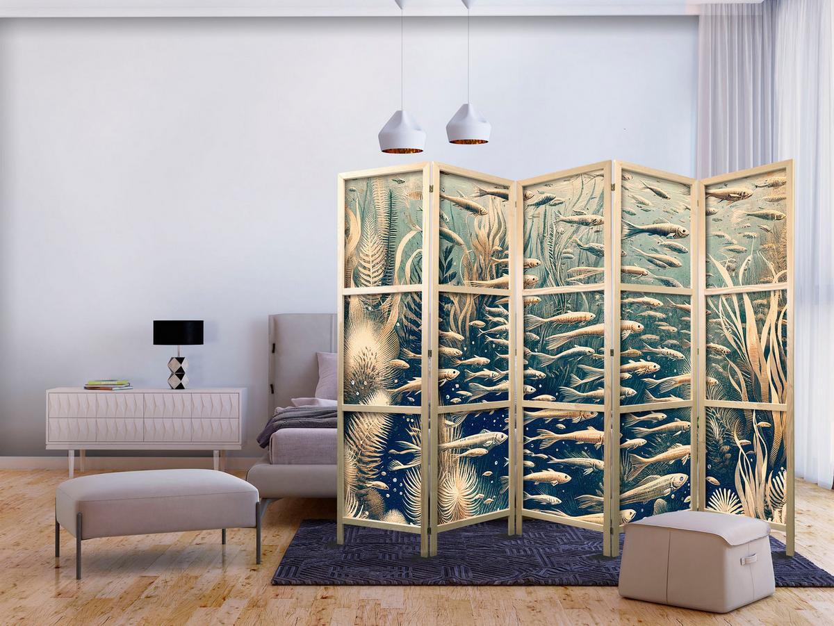 PARAVENT Japanischer 5-tlg 225x172 cm Retro Fische Pflanzen - Blau, Holz/Textil (225/172/3cm) - Muralo