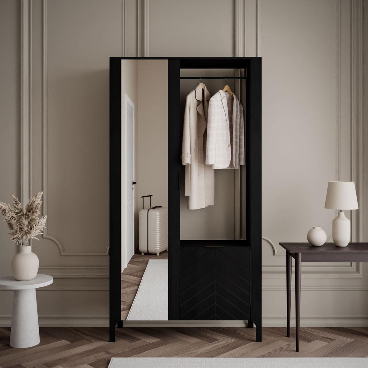 GARDEROBE LUMI mit Spiegel, Schwarz - Schwarz, Holzwerkstoff (105/197/33cm) - Lookway
