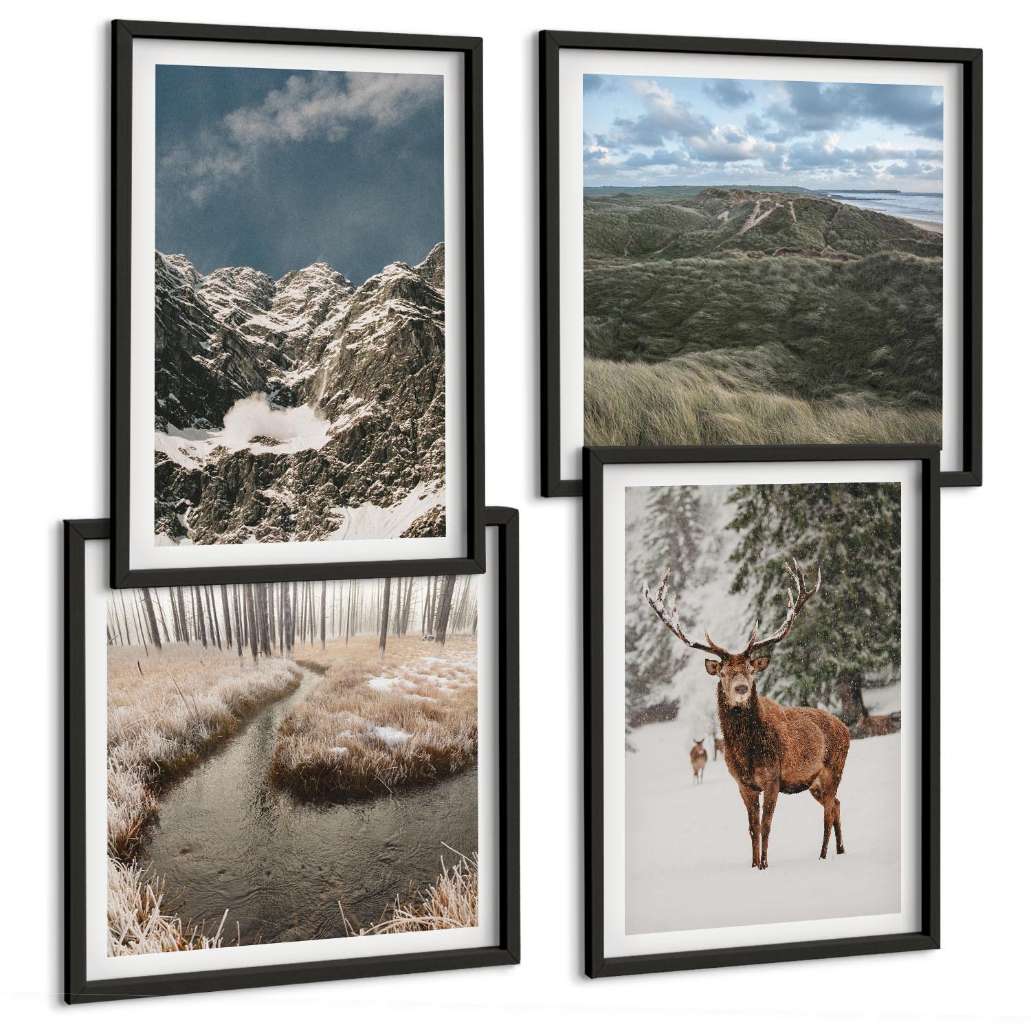 BILDER SET 4er Set - 50x50 cm & 40x60 cm Schwarzer Rahmen - Berge, Schnee, Hirsche, Waldlandschaft - Schwarz, Kunststoff (50/50cm) - TULUP