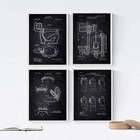 POSTER Set mit 4 Schwarz Badezimmer Patent A3 Schwarzer Rahmen - Schwarz, Papier (29.7/3cm) - Nacnic