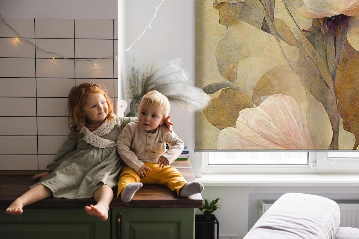 INNENROLLO - Fensterrollo - Rollo - 100x100 cm - Rosa Blüten - Braun, Kunststoff (100/100/0.5cm) - TULUP