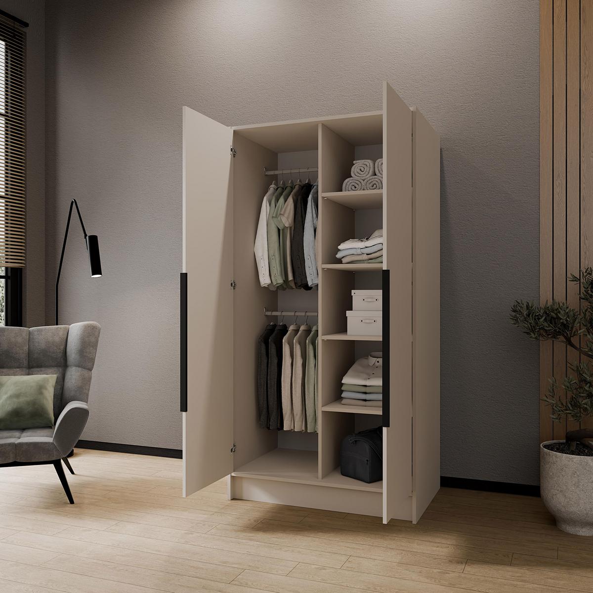 DREHTÜRENSCHRANK Laro mit Spiegel, Kaschmir mit mit schwarzen Griffen, 100 cm - Kaschmir, Holzwerkstoff (100/200/51cm) - Beautysofa