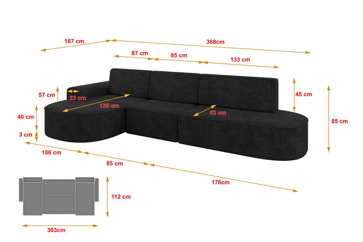 ECKSOFA mit Schlaffunktion Ottomane Links MARI L2-S 368X167X85 Schwarz Velours - Schwarz, Holzwerkstoff/Kunststoff (368/167cm) - ALTDECOR