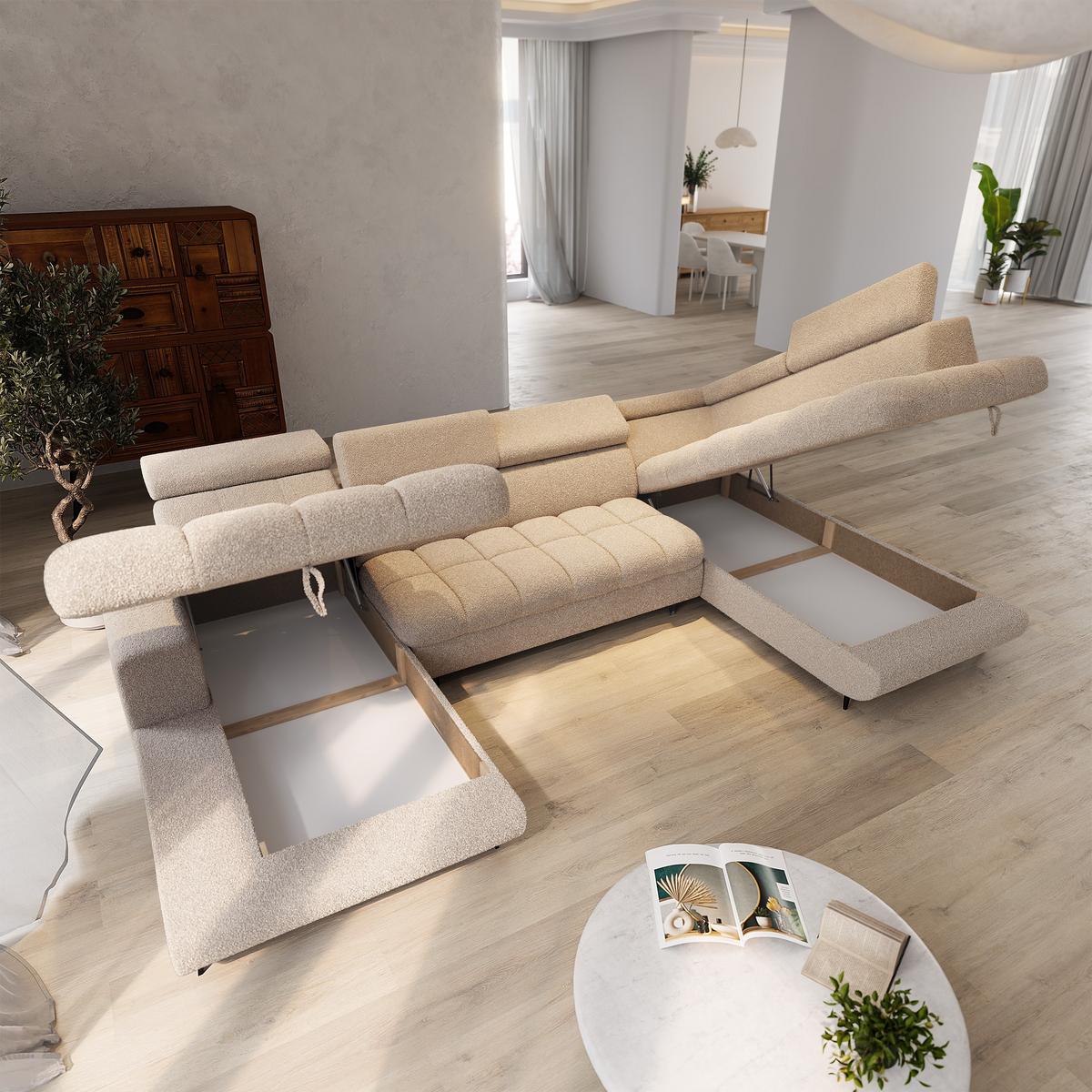 WOHNLANDSCHAFT CORENO Beige Boucle-Stoff mit Schlaffunktion - Beige, Holz (345/88/190cm) - MASSENO