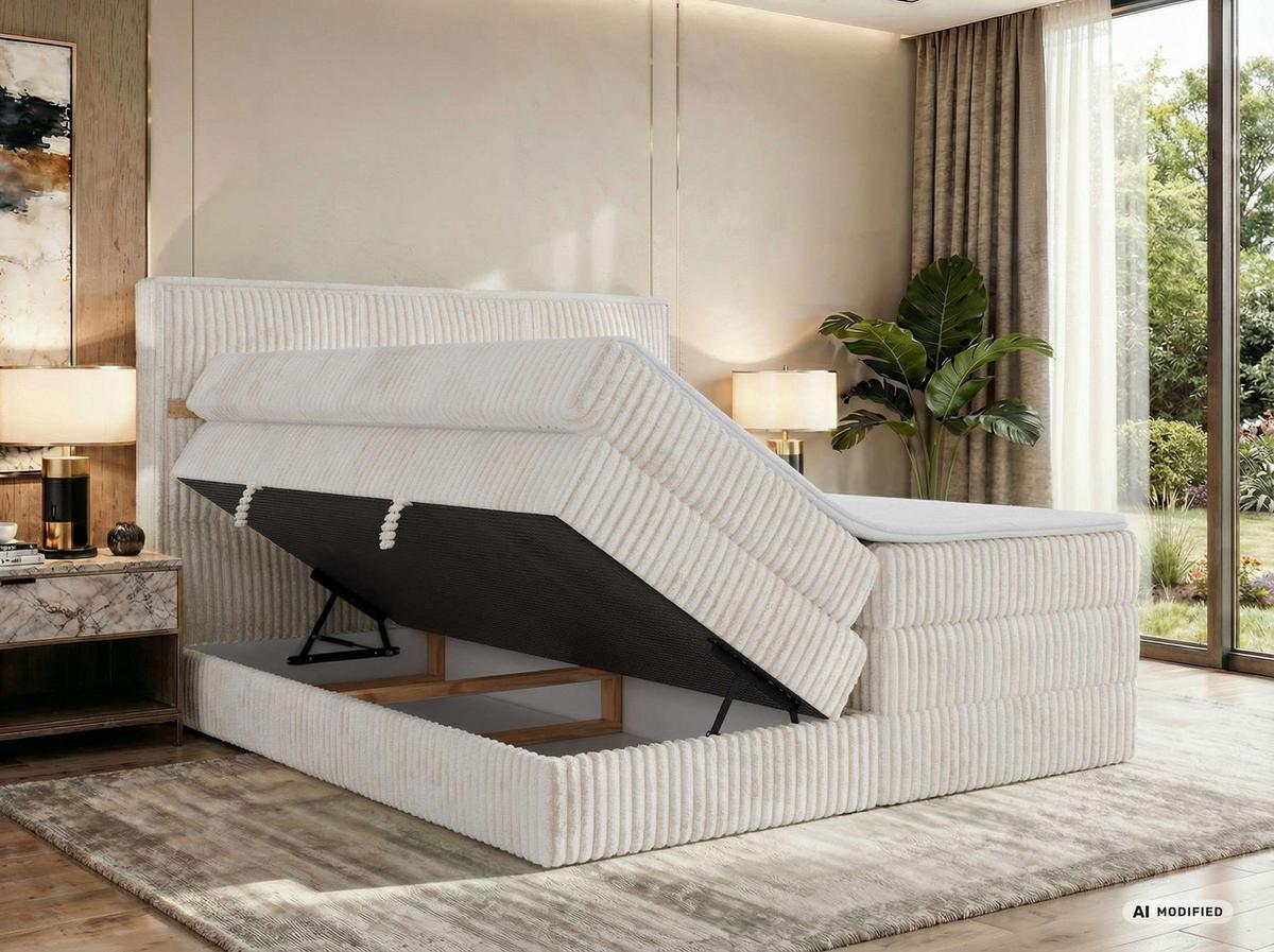 BOXSPRINGBETT ORVO KING 160/200 - Beige Cord - Topper Visco - H3 - Beige/Schwarz, Kunststoff/Textil (160/200cm) - MKS