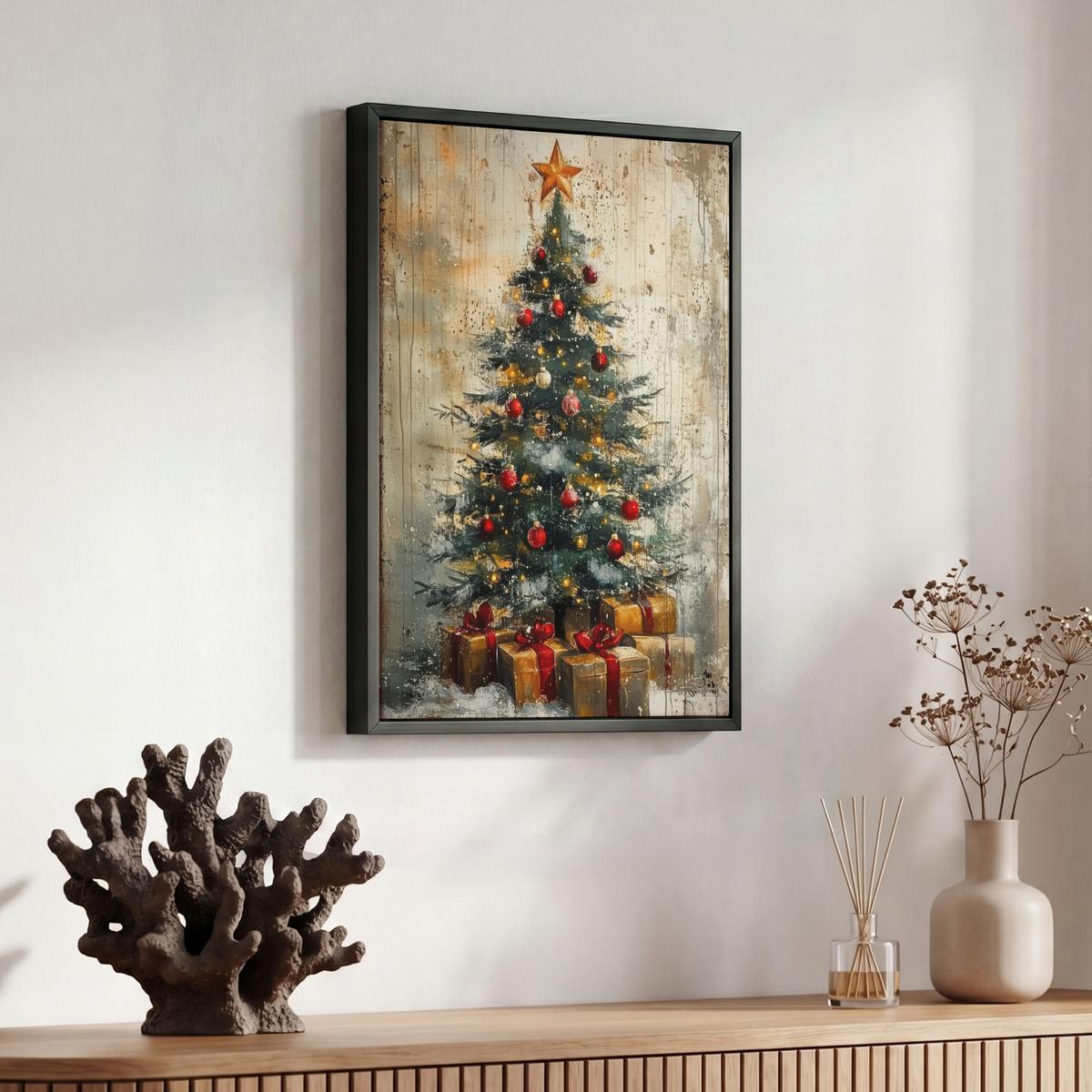 LEINWAND Bilder mit Rahmen - Weihnachtsbaum - Vintage - Weihnachten - Geschenk - 30x40 - Rostfarben, Textil (30/40cm) - MuchoWow