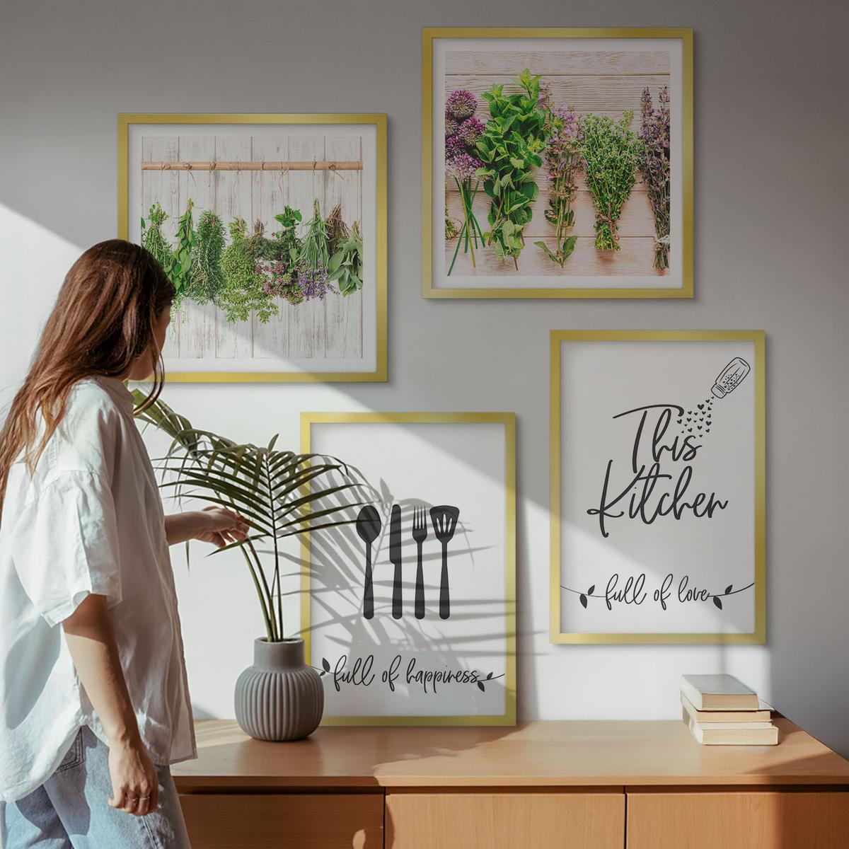 BILDER SET 4er Set - 50x50 cm & 40x60 cm Goldrahmen - Küchenkräuterpflanzen Beschriftungen - Goldfarben, Kunststoff (50/50cm) - TULUP
