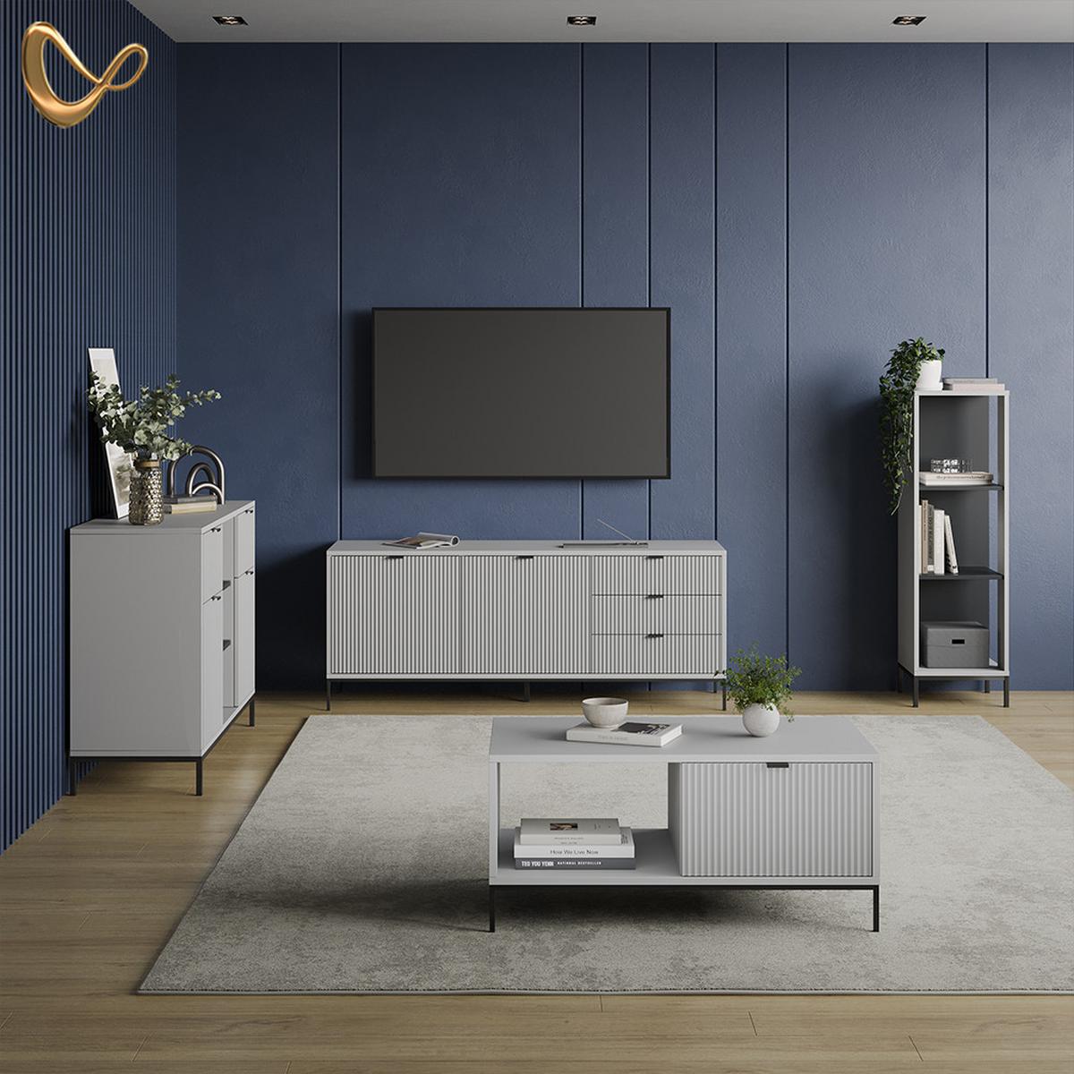 LOWBOARD Aterno Grau 150 x 60 cm mit 3 Schubladen, 2 Türen - Grau, Holzwerkstoff (150/60/42cm) - Livinity®