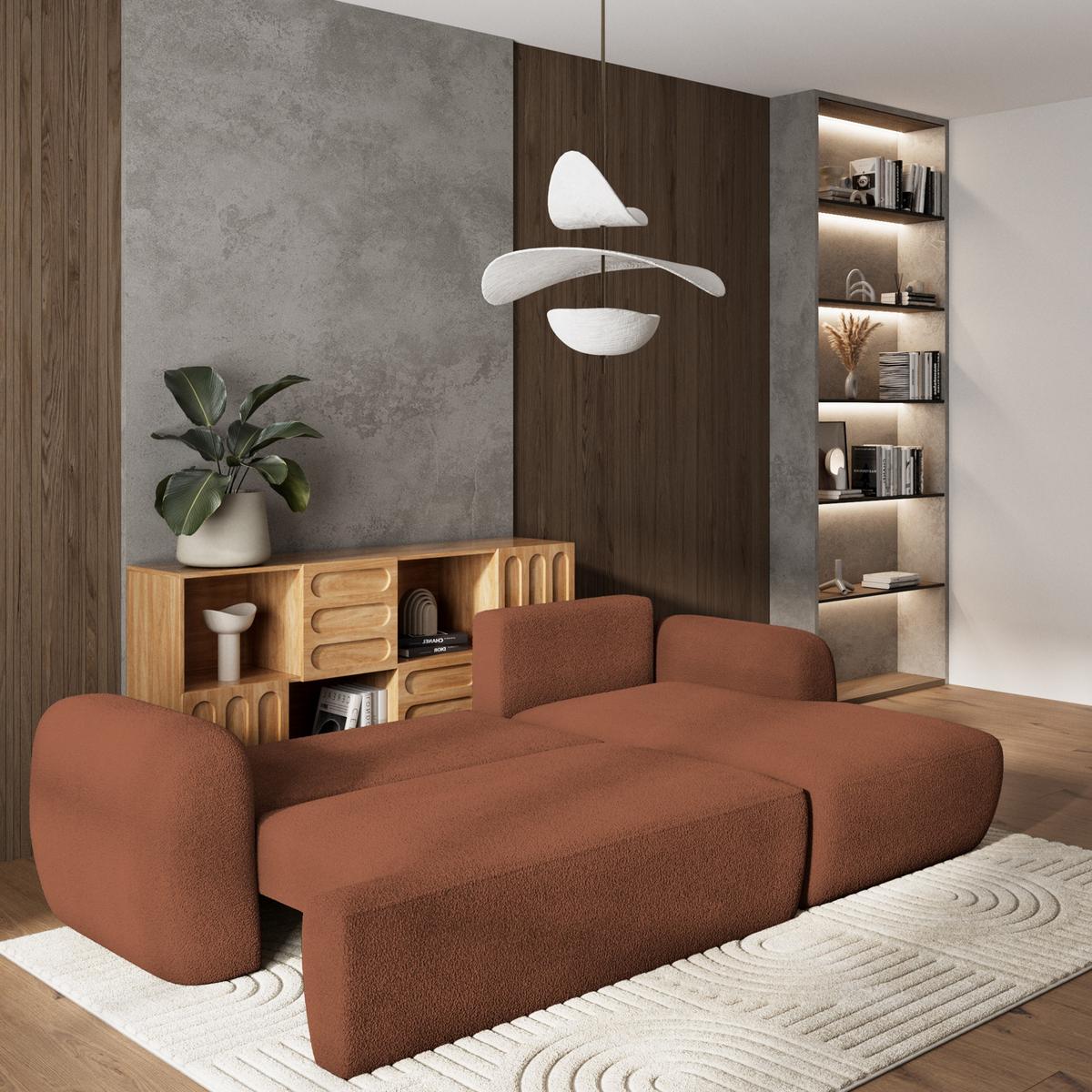 ECKSOFA MODENZA N R-S Orange Boucle-Stoff mit Schlaffunktion - Schwarz/Orange, Holz/Kunststoff (266/148cm) - MASSENO