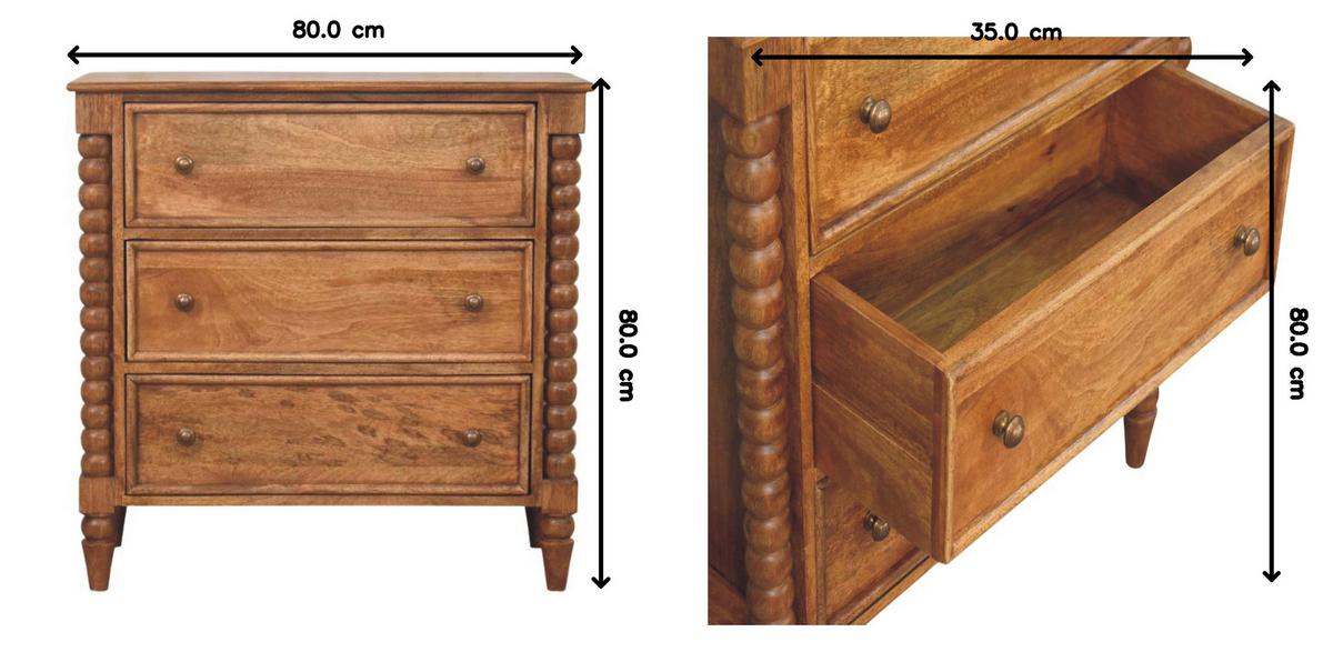 KOMMODE Spindel, 3 Schubladen, Hellbraun - Hellbraun/Messingfarben, Holz/Metall (80/80/35cm) - Artisan Furniture