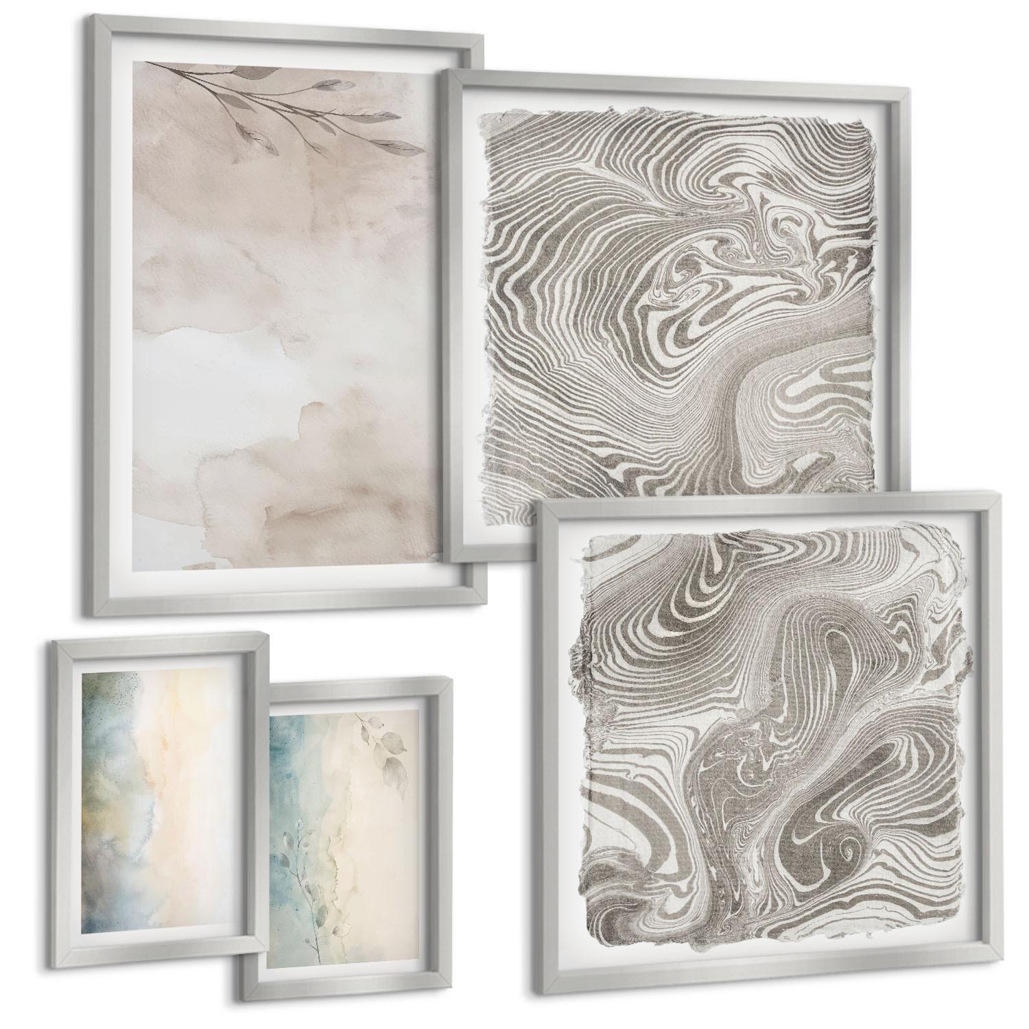 BILDER SET 5er Set - 50x50 cm & 20x30 cm & 40x60 cm Silberner Rahmen - Zarte Aquarellkartons - Silberfarben, Kunststoff (40/60cm) - TULUP
