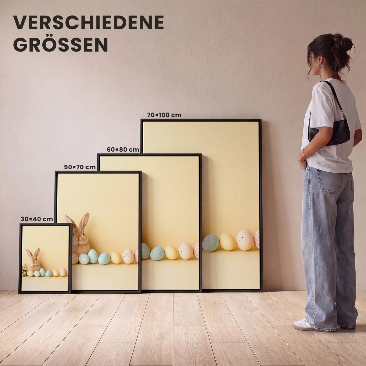LEINWAND Bilder mit Rahmen - Eier - Kaninchen - Pastellfarbtöne - 30x40 - Hellgelb, Textil (30/40cm) - MuchoWow