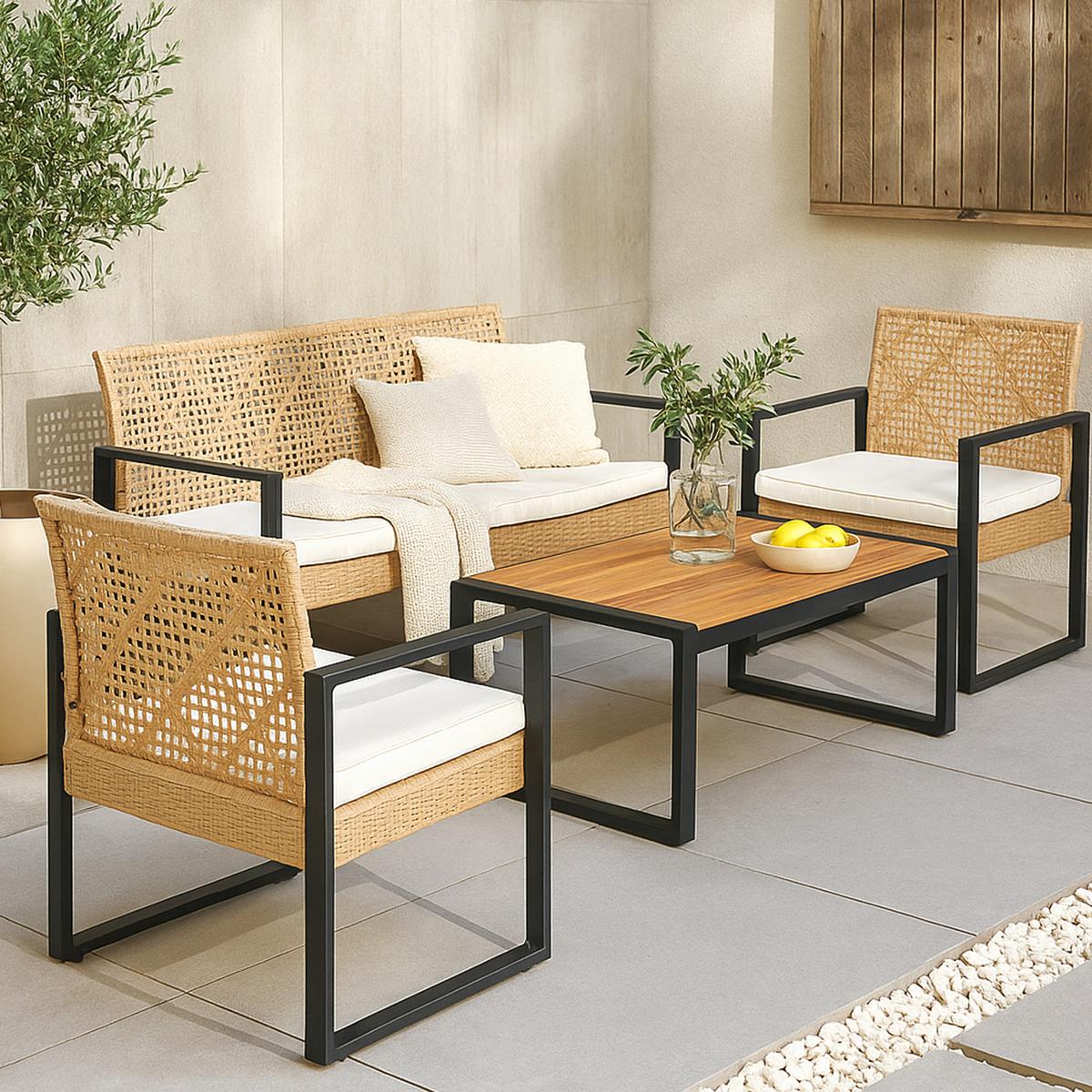 LOUNGE-SET 4 TLG. Calciano - Beige/Braun, Kunststoff/Metall - casa.pro