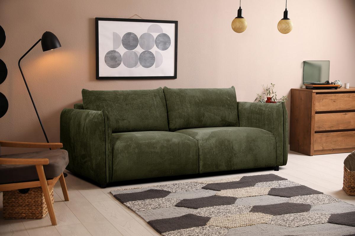 SOFA TAUER 3-Sitzer, olivgrün - Schwarz/Olivgrün, Holzwerkstoff/Kunststoff (112/84/206cm) - Wozimo