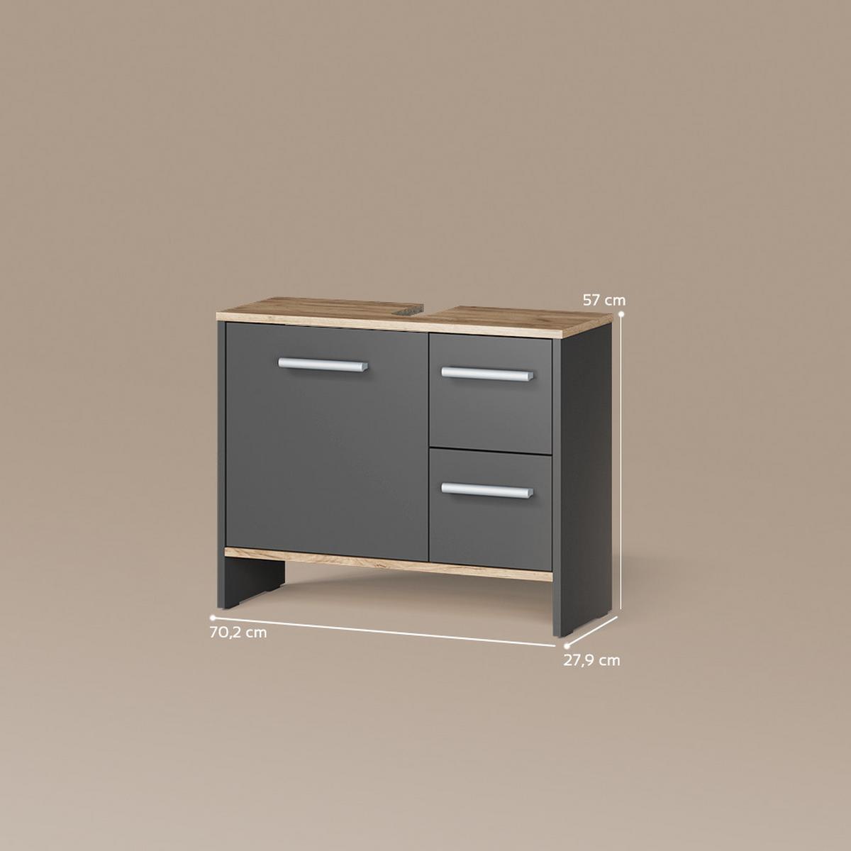 WASCHBECKENUNTERSCHRANK Amalfi Anthrazit/Goldkraft Eiche 70.2 x 57 cm mit 2 Schubladen und 1 Tür - Honigeiche/Anthrazit, Holzwerkstoff (70.2/57/27.9cm) - Livinity®