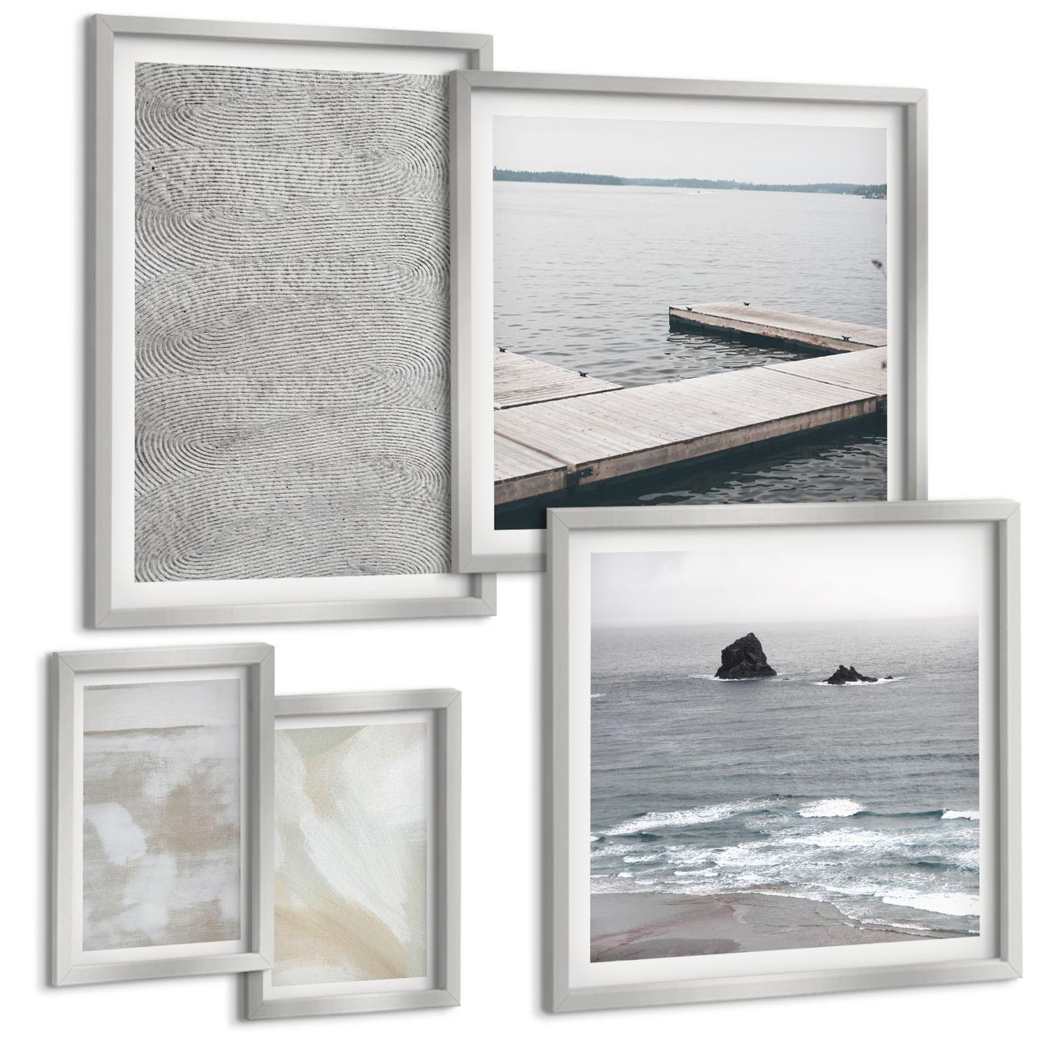 BILDER SET 5er Set - 50x50 cm & 20x30 cm & 40x60 cm Silberner Rahmen - Abstraktes Design, moderne Texturen - Silberfarben, Kunststoff (40/60cm) - TULUP