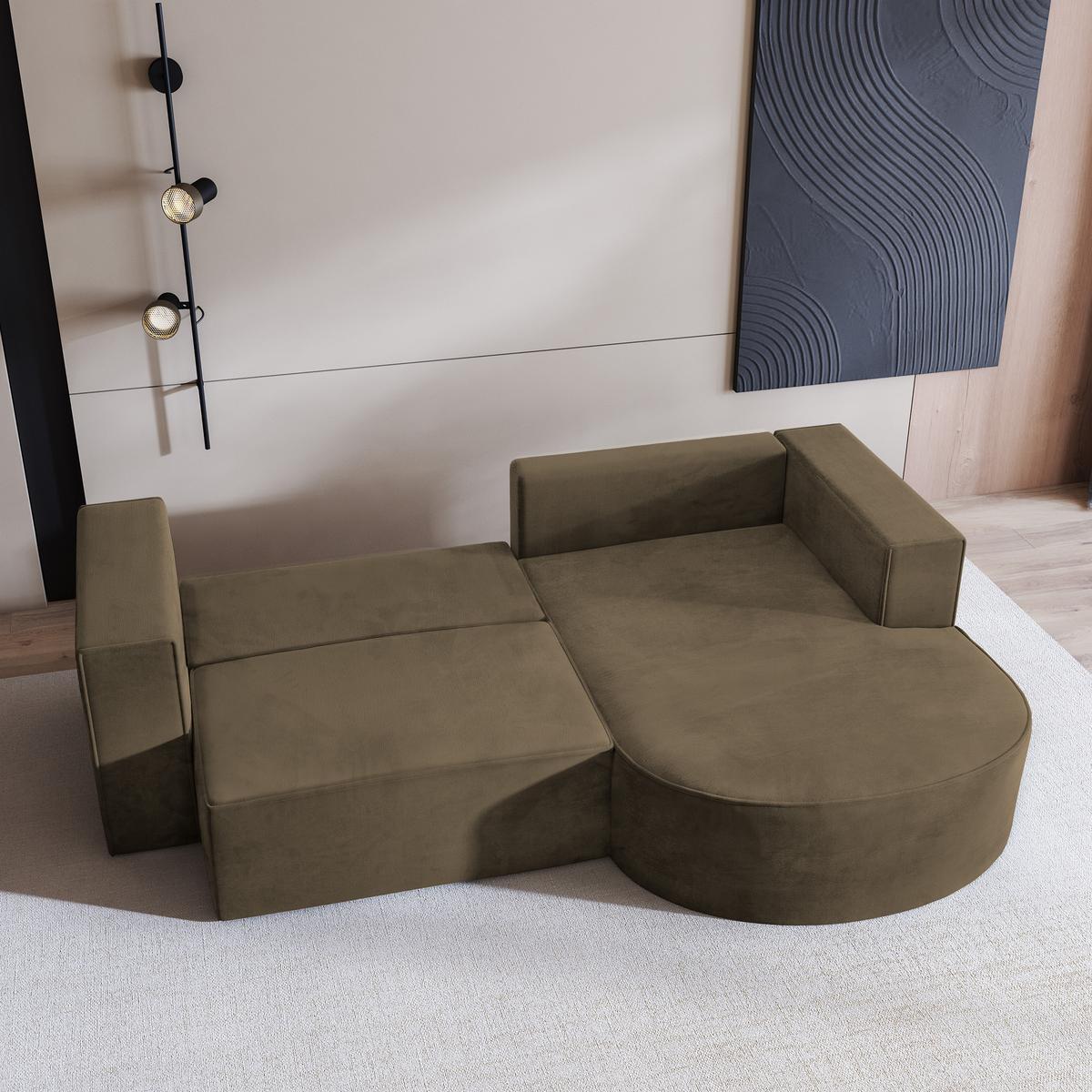ECKSOFA SORELA M R-S Beige Velours-Stoff mit Schlaffunktion - Beige, Holz (263/174cm) - MASSENO