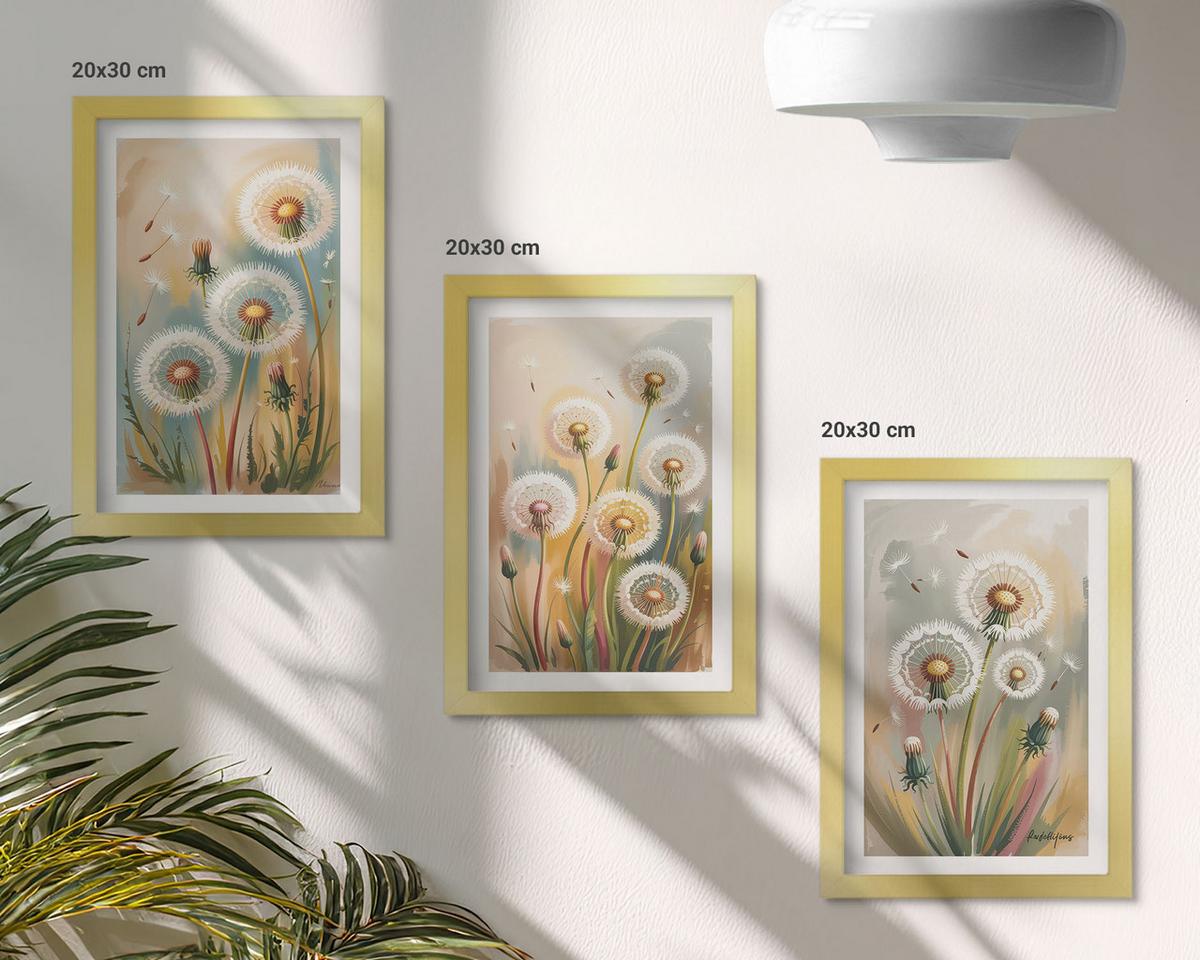 BILDER SET 3er Set - 20x30 cm Goldrahmen - Löwenzahnblüten, pastellfarbene Gräser - Goldfarben, Kunststoff (20/30cm) - TULUP