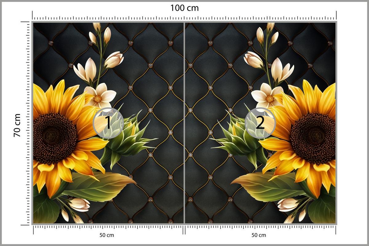 FOTOTAPETE für Küche Blume Sonnenblumen auf gestepptem Hintergrund 100x70 - Gelb/Schwarz, Papier (100/70cm) - Muralo