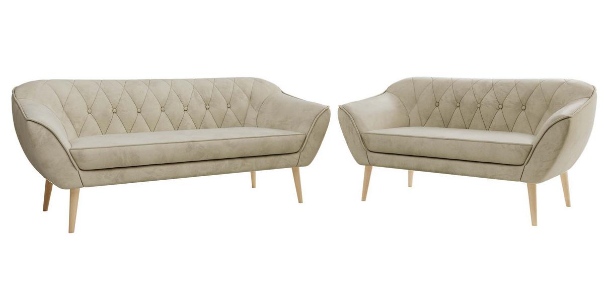 SITZGARNITUR PIRS 3+2 - Beige Velvet - Holzbeine - Beige/Buchefarben, Holzwerkstoff/Textil (180/75/74cm) - MKS