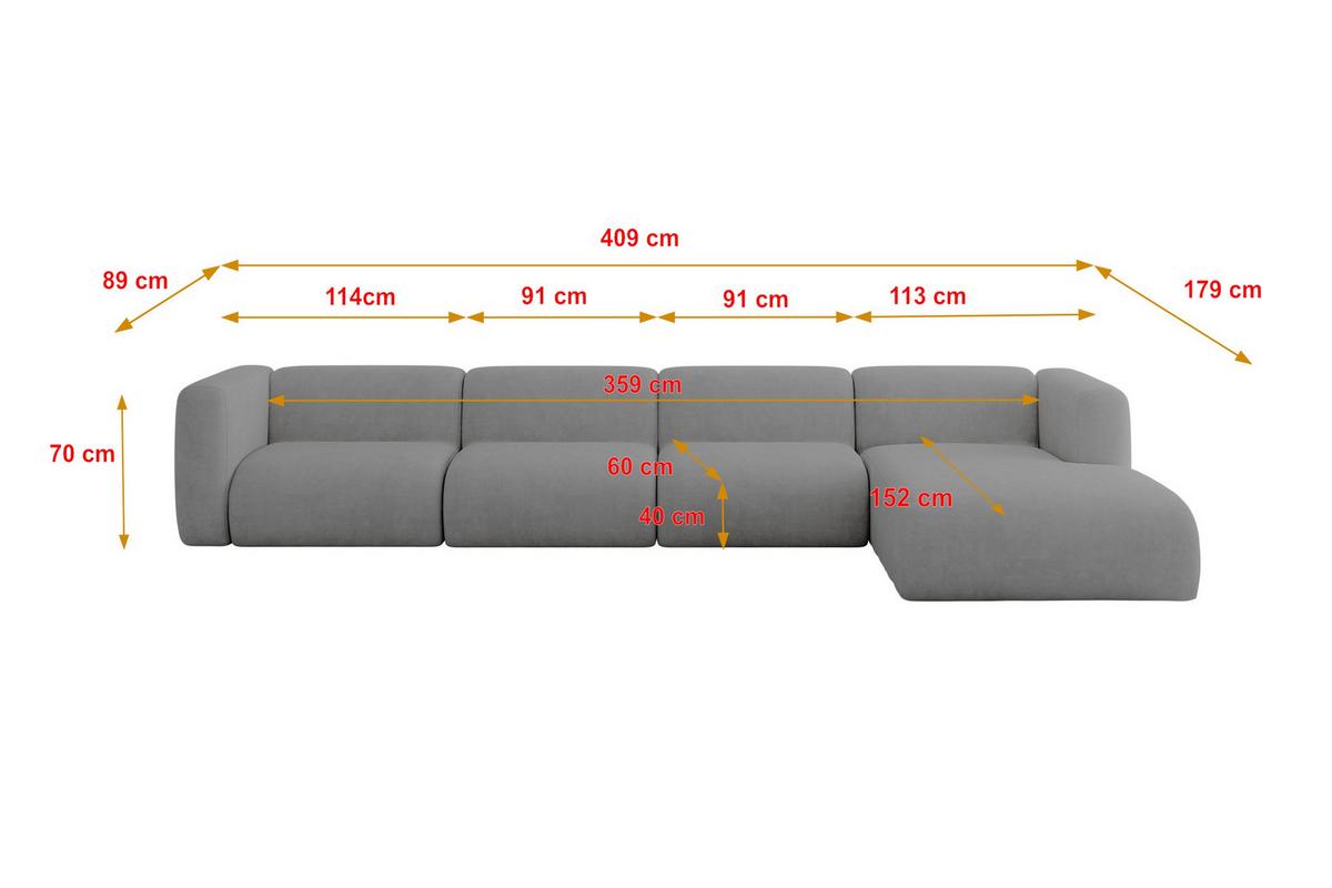 ECKSOFA Ottomane Rechts MIRA-L3 409x179x70 Grau Velours - Schieferfarben/Schwarz, Holzwerkstoff/Kunststoff (409/179cm) - ALTDECOR