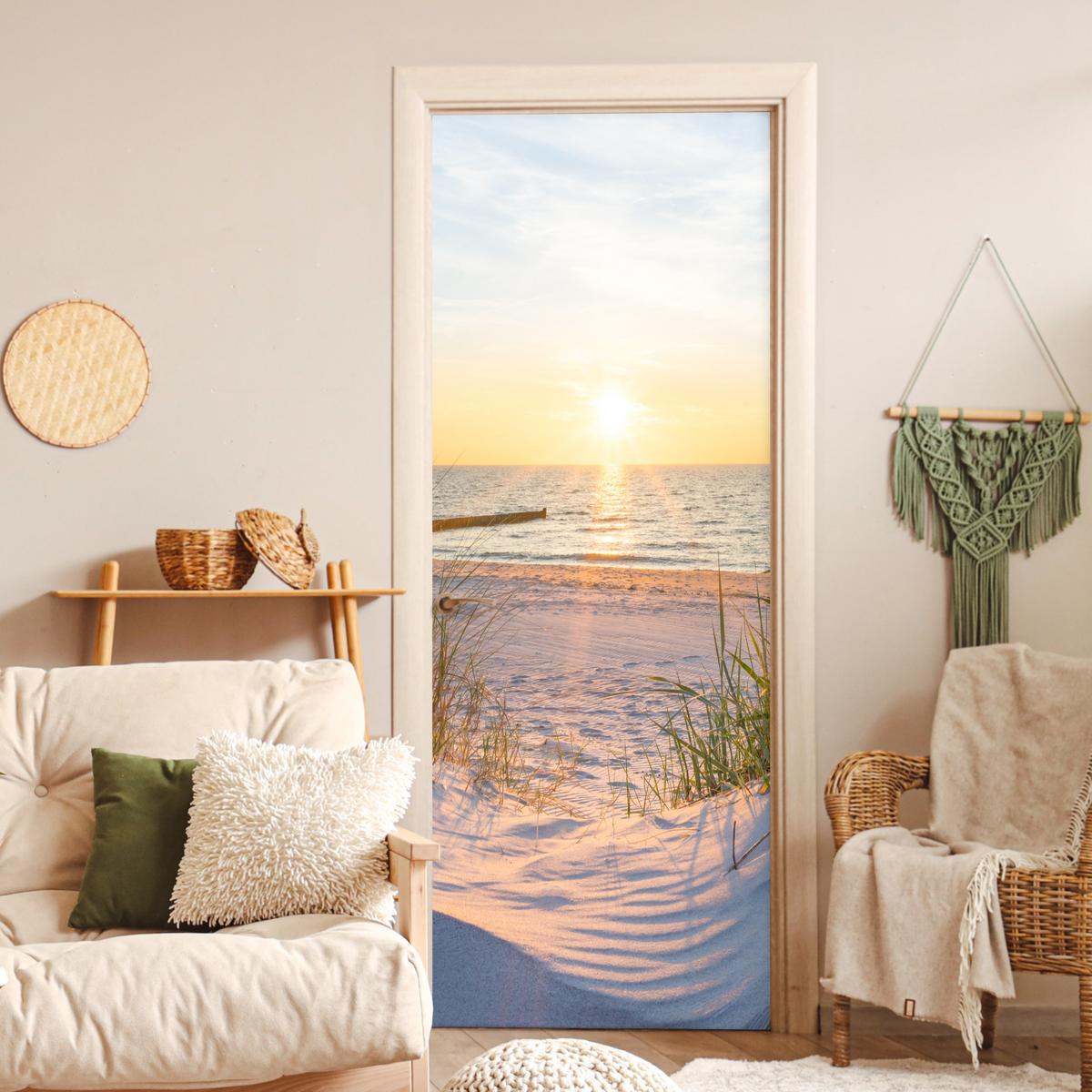 TÜRAUFKLEBER Strand - Sonne - Düne - Gras - Sand - Horizont 90x235 cm - Türtapete - Dunkelgelb, Kunststoff (90/0.1cm) - MuchoWow