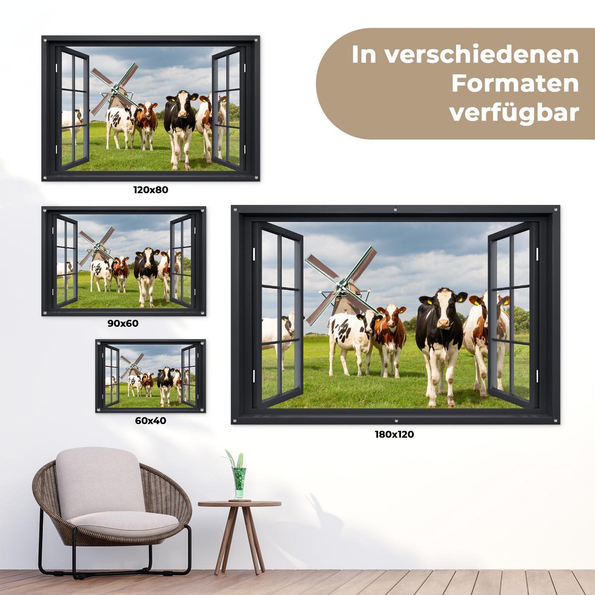 GARTENPOSTER Aussicht - Kuh - Mühle - Kühe - Wiese - Gras - Grün Gartendeko 90x60 cm - Anthrazit, Kunststoff (90/60/0.2cm) - OnlyWow