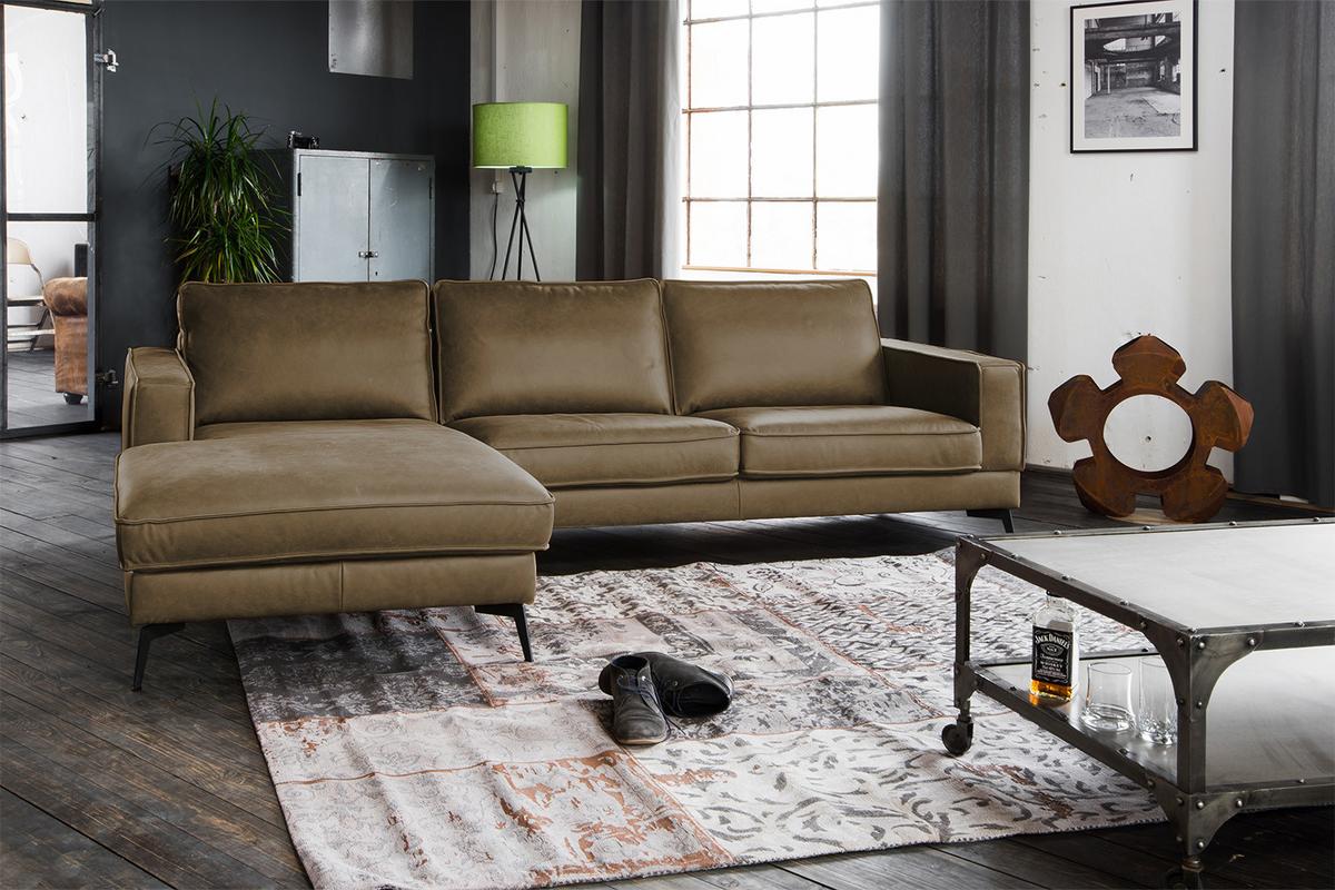 ECKSOFA BLOOM Beige Leder - Beige/Schwarz, Leder/Metall (276/177cm) - KAWOLA