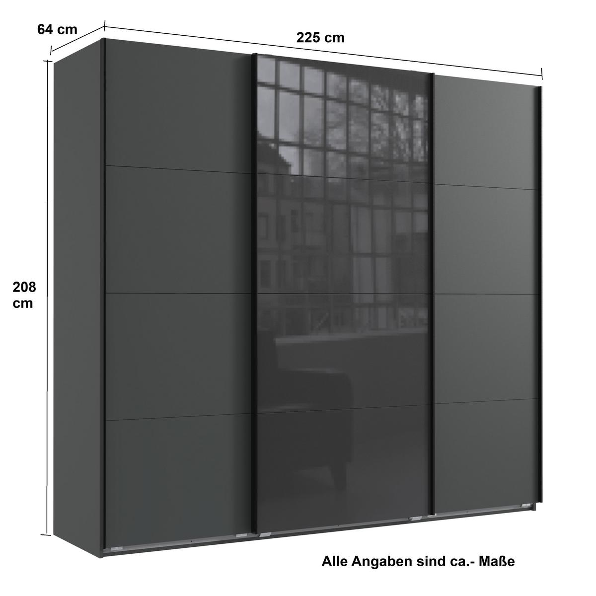 SCHWEBETÜRENSCHRANK 3-türig B225/H208/T64 cm in Grafit, Kleiderschrank mit einer Glasfront-Tür in Grau, / 22523 - Edelstahlfarben/Graphitfarben, Holzwerkstoff/Metall (225/208/64cm) - luma-home