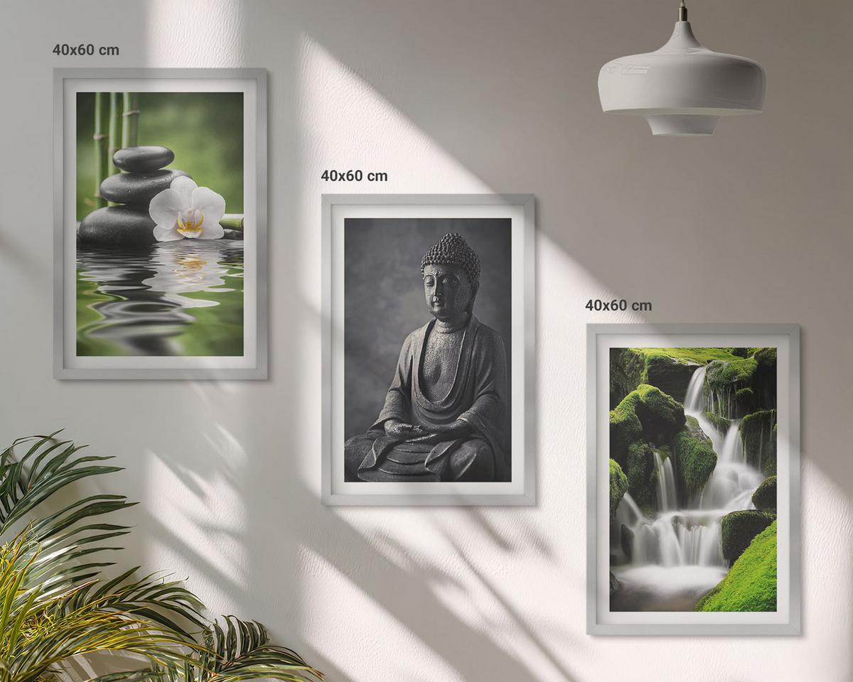 BILDER SET 3er Set - 40x60 cm Silberner Rahmen - Entspannende Zen-Wassermalerei - Silberfarben, Kunststoff (40/60cm) - TULUP