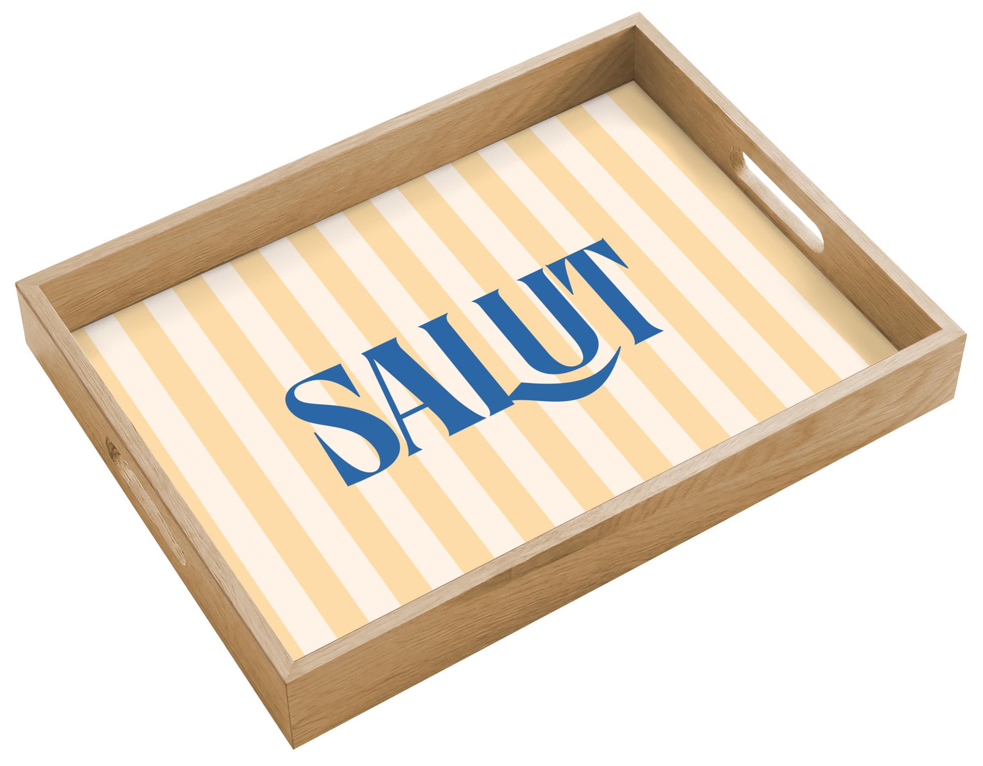 TABLETT Salut - Zitat - Streifen - Gelb - Blau - Weiß 40x30 cm - Beige, Holz (40/5/5cm) - OnlyWow