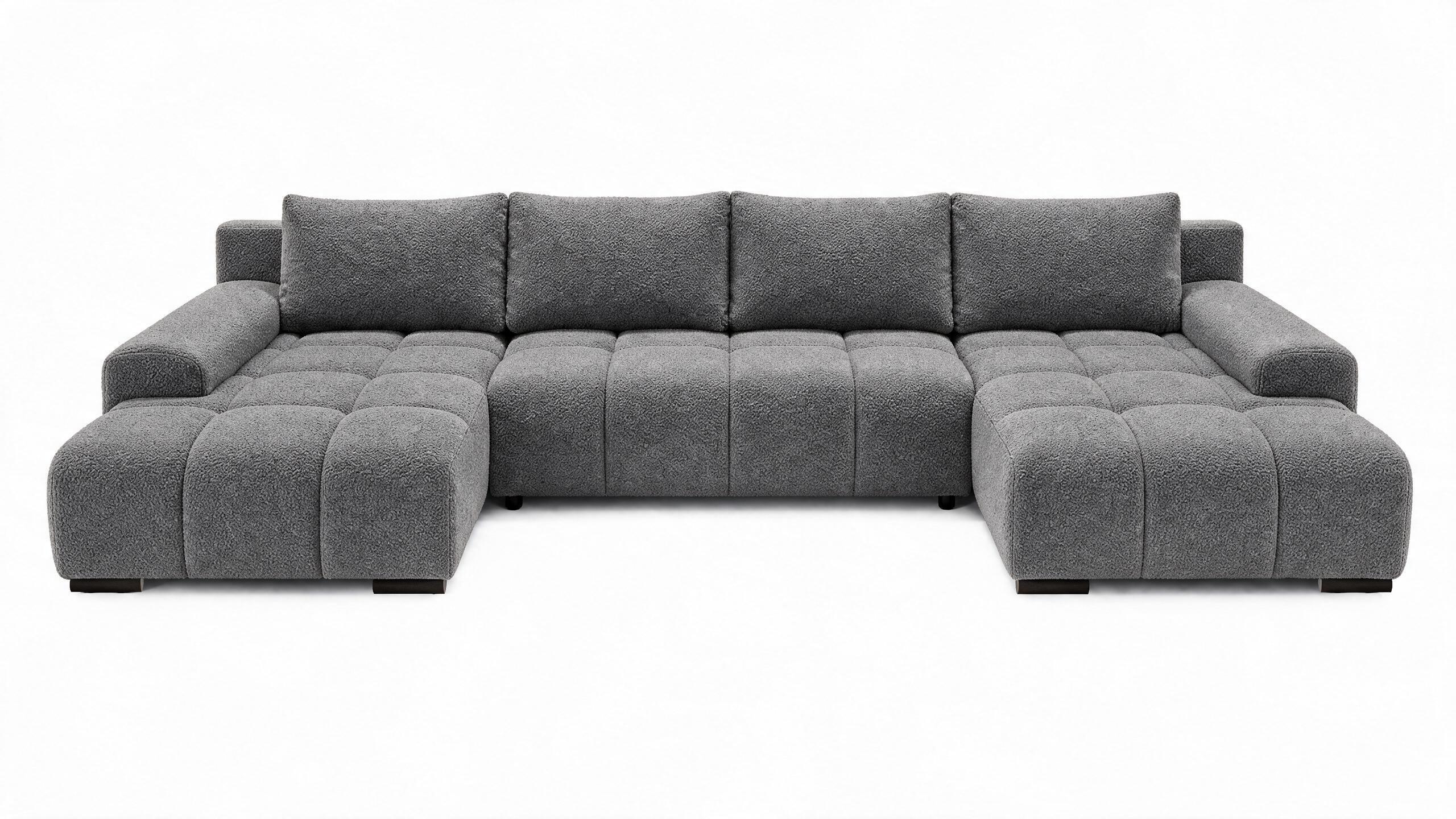 WOHNLANDSCHAFT OVIA U mit Bettkasten und Schlaffunktion, Bouclé-Stoff in U-Form - Dunkelgrau, Textil (350/80/185cm)